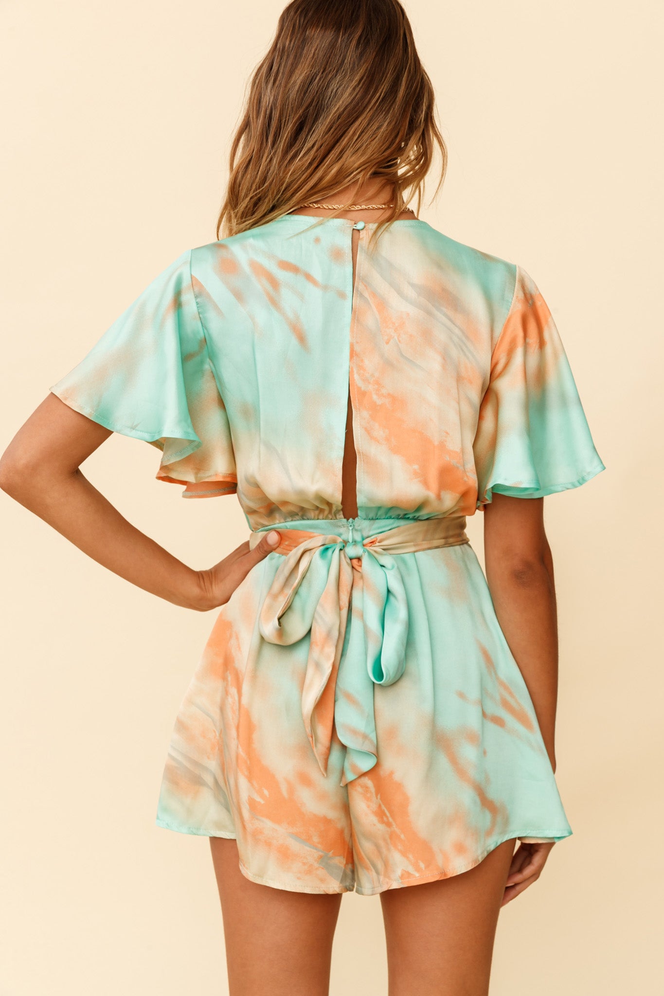 Unconditional Plunging Wrap Style Romper Marbled Tie Dye Aqua/Orange-Maymioy