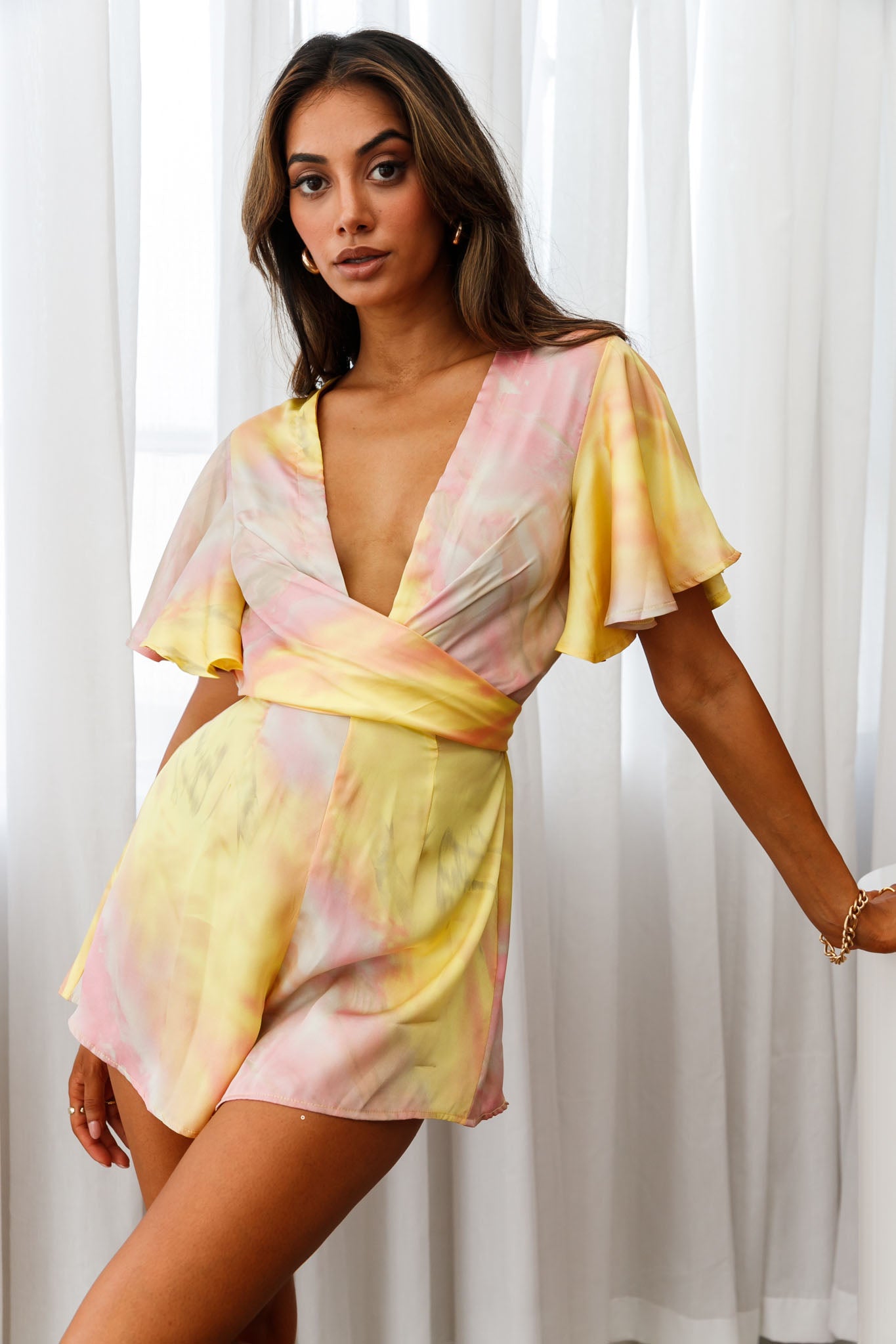 Unconditional Plunging Wrap Style Romper Marbled Tie Dye Pink/Yellow-Maymioy