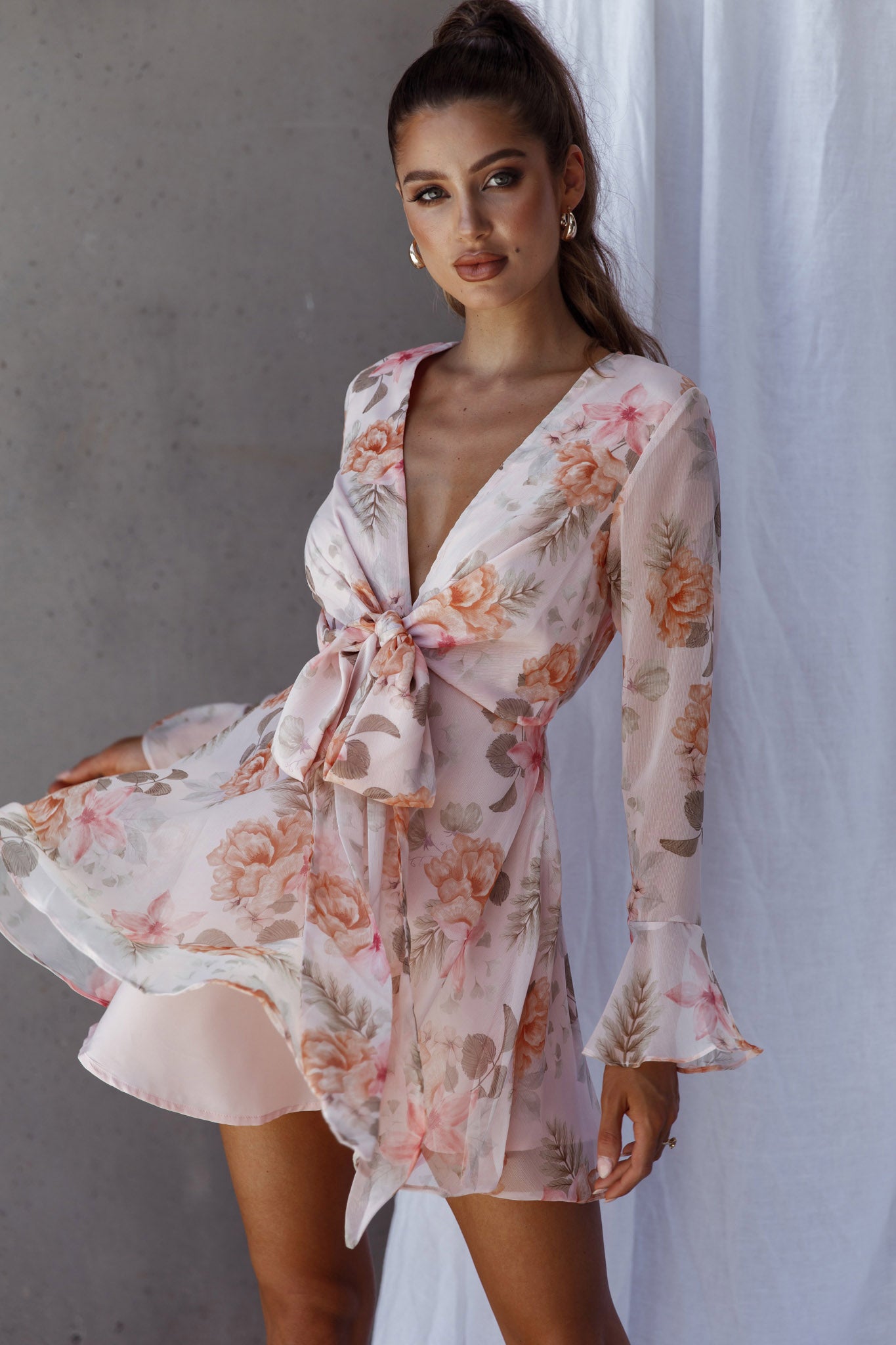 Unconditional Tied Front Dress Floral Blush-Maymioy