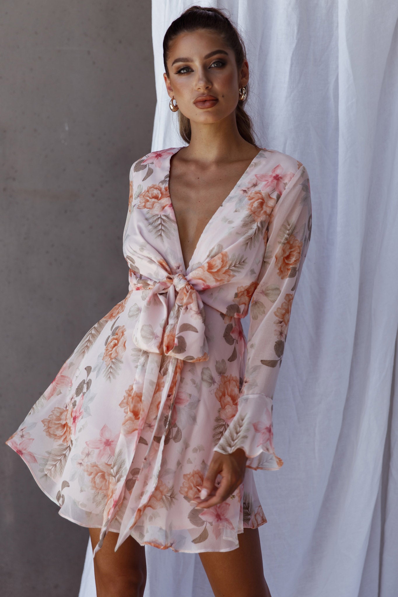 Unconditional Tied Front Dress Floral Blush-Maymioy