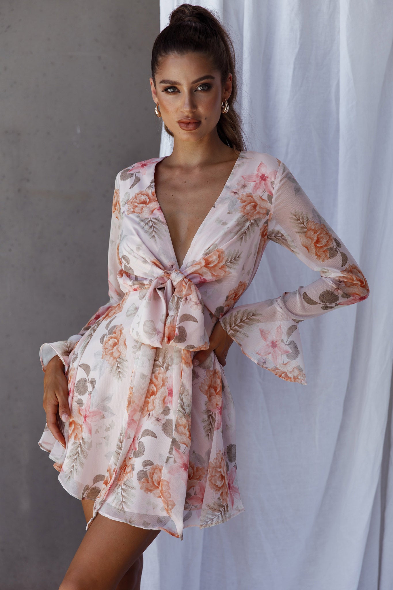 Unconditional Tied Front Dress Floral Blush-Maymioy