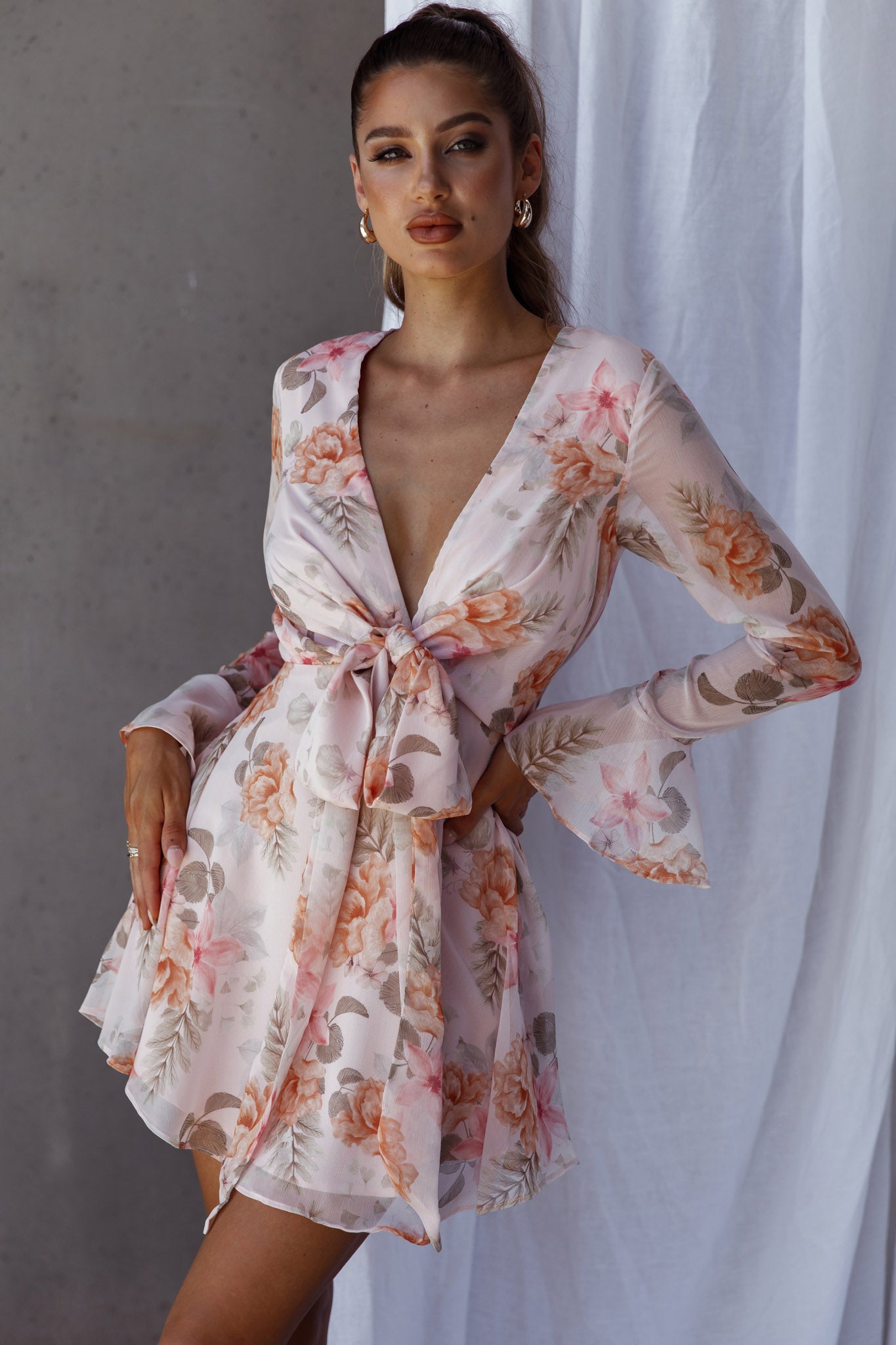 Unconditional Tied Front Dress Floral Blush-Maymioy