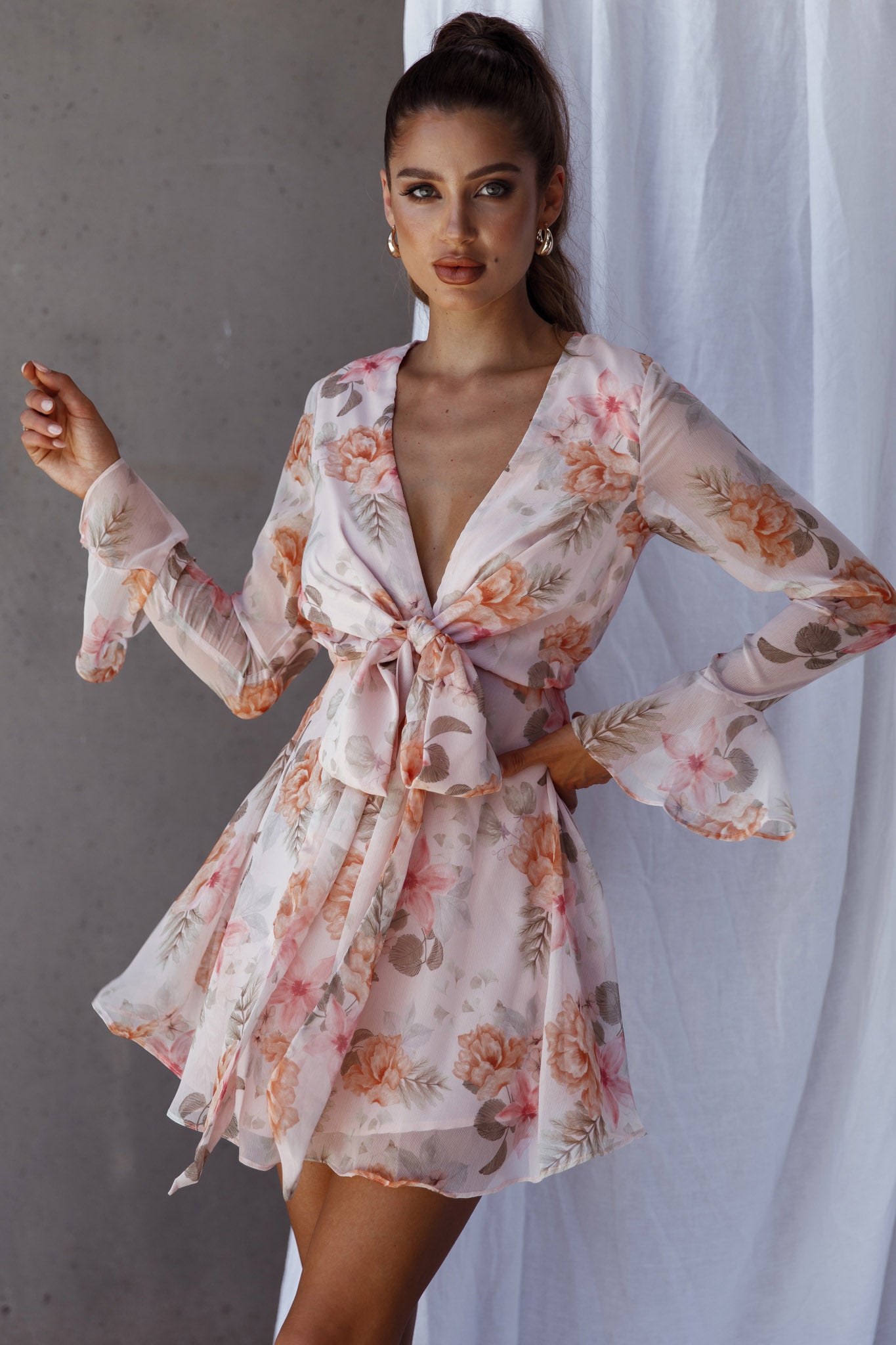Unconditional Tied Front Dress Floral Blush-Maymioy