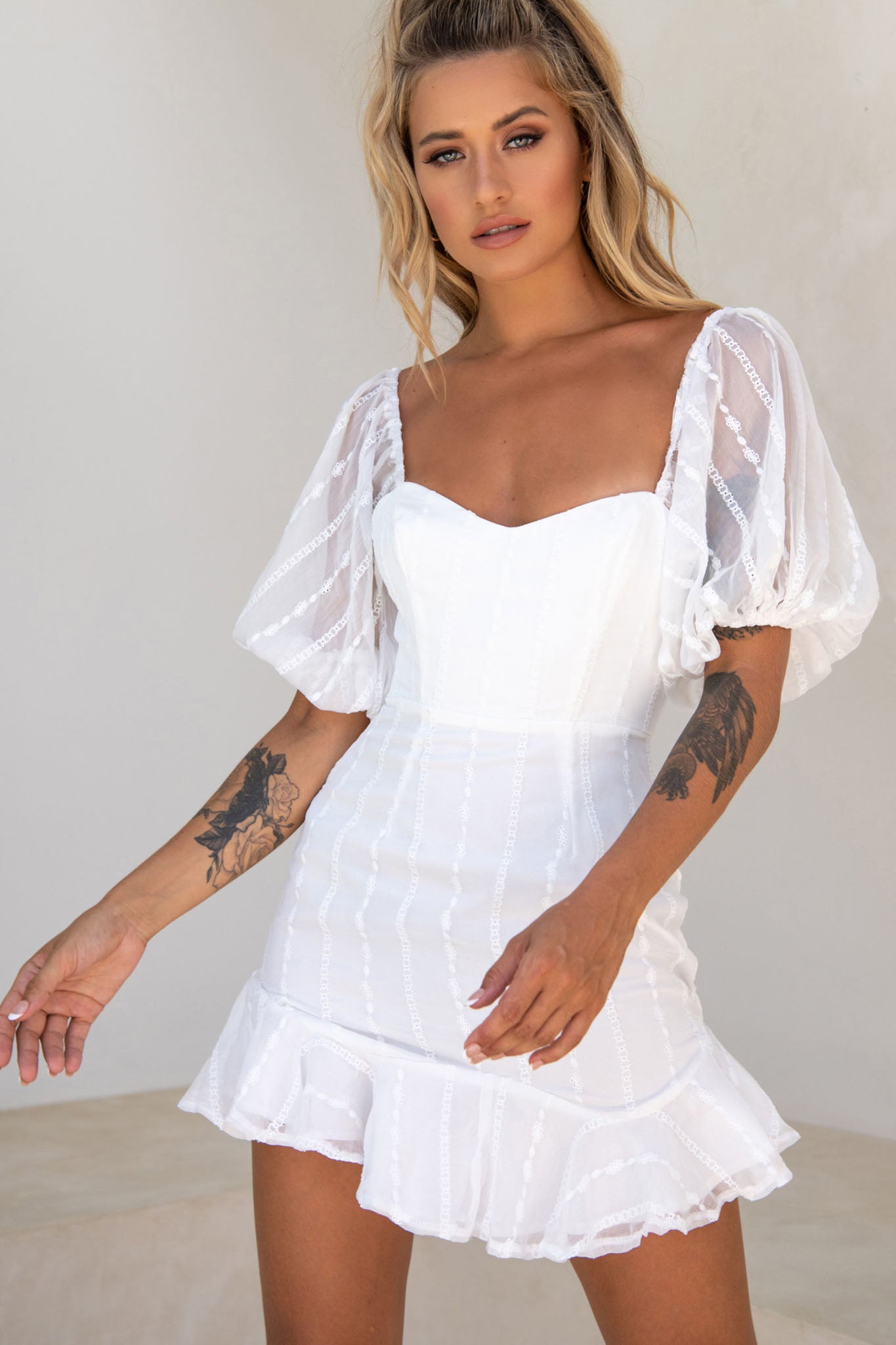 Ring My Bell Sheer Puff Sleeve Embroidery Detail Dress White-Maymioy