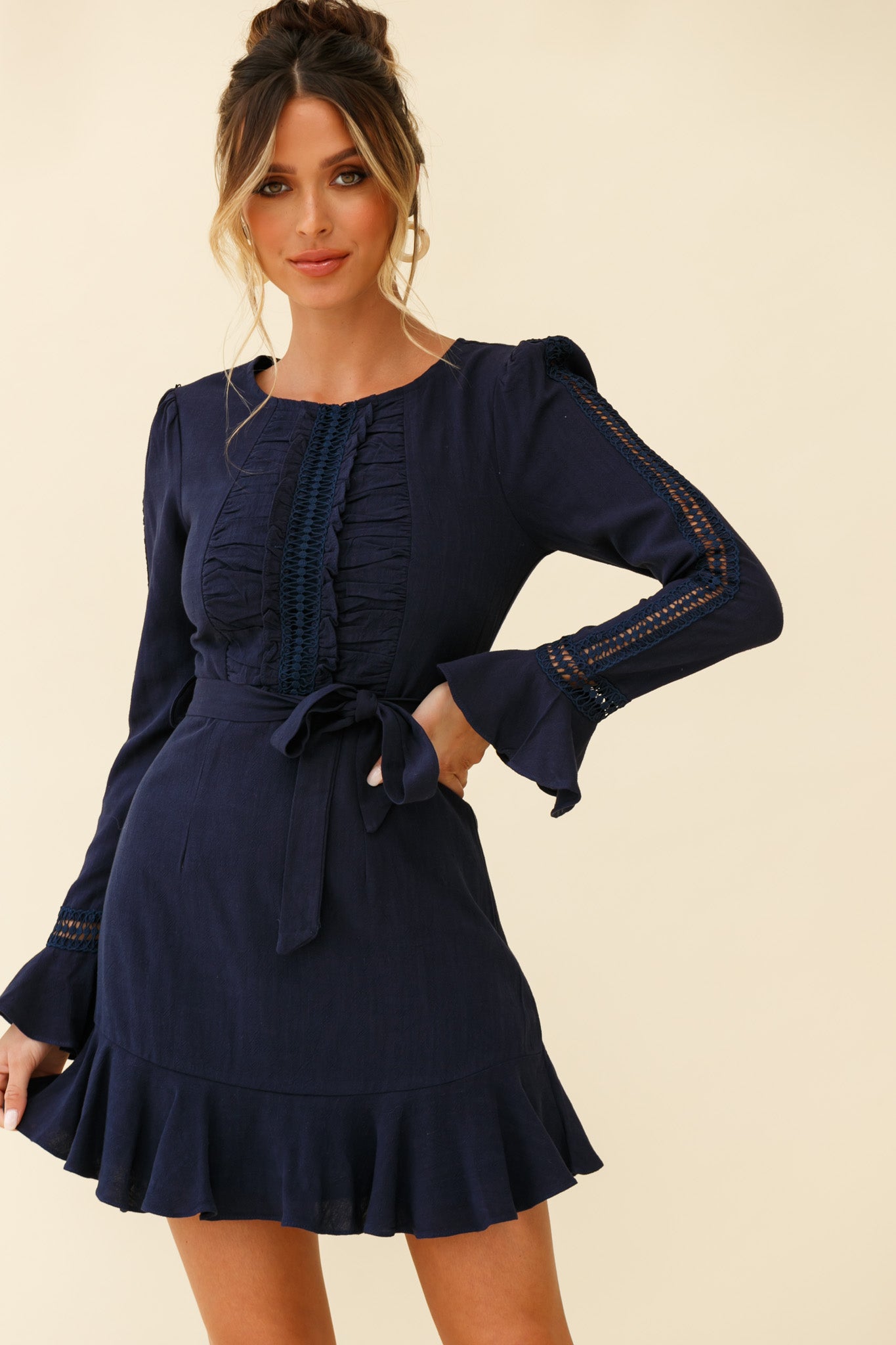 Gardenia Long Sleeve Frill & Crochet Trim Dress Navy-Maymioy