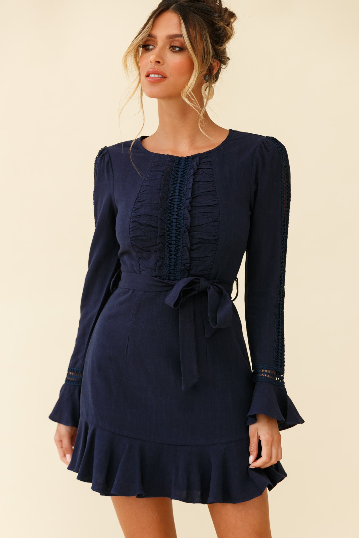 Gardenia Long Sleeve Frill & Crochet Trim Dress Navy-Maymioy