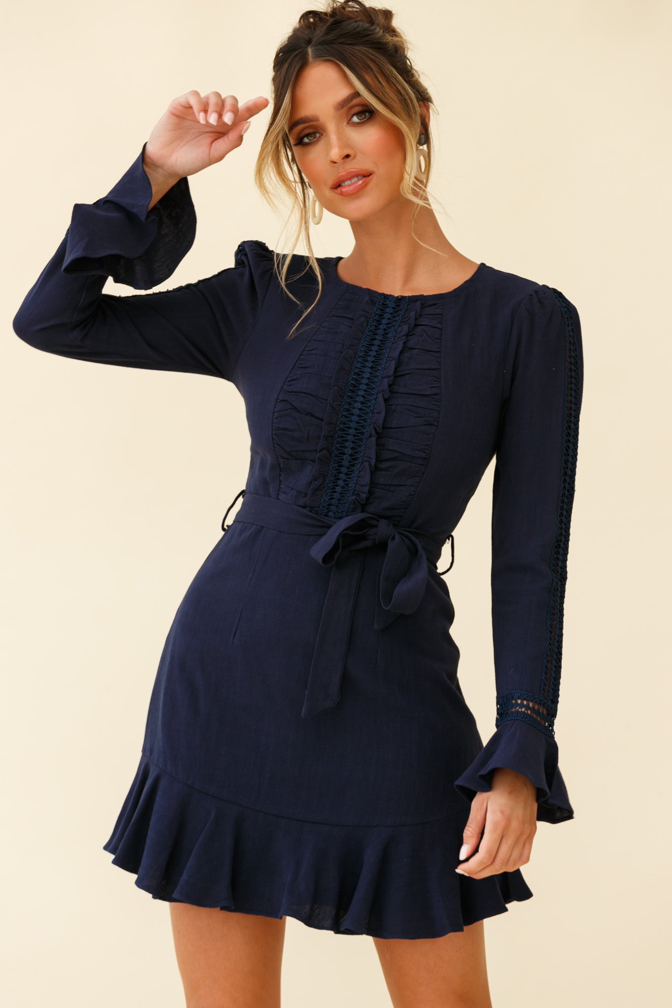 Gardenia Long Sleeve Frill & Crochet Trim Dress Navy-Maymioy