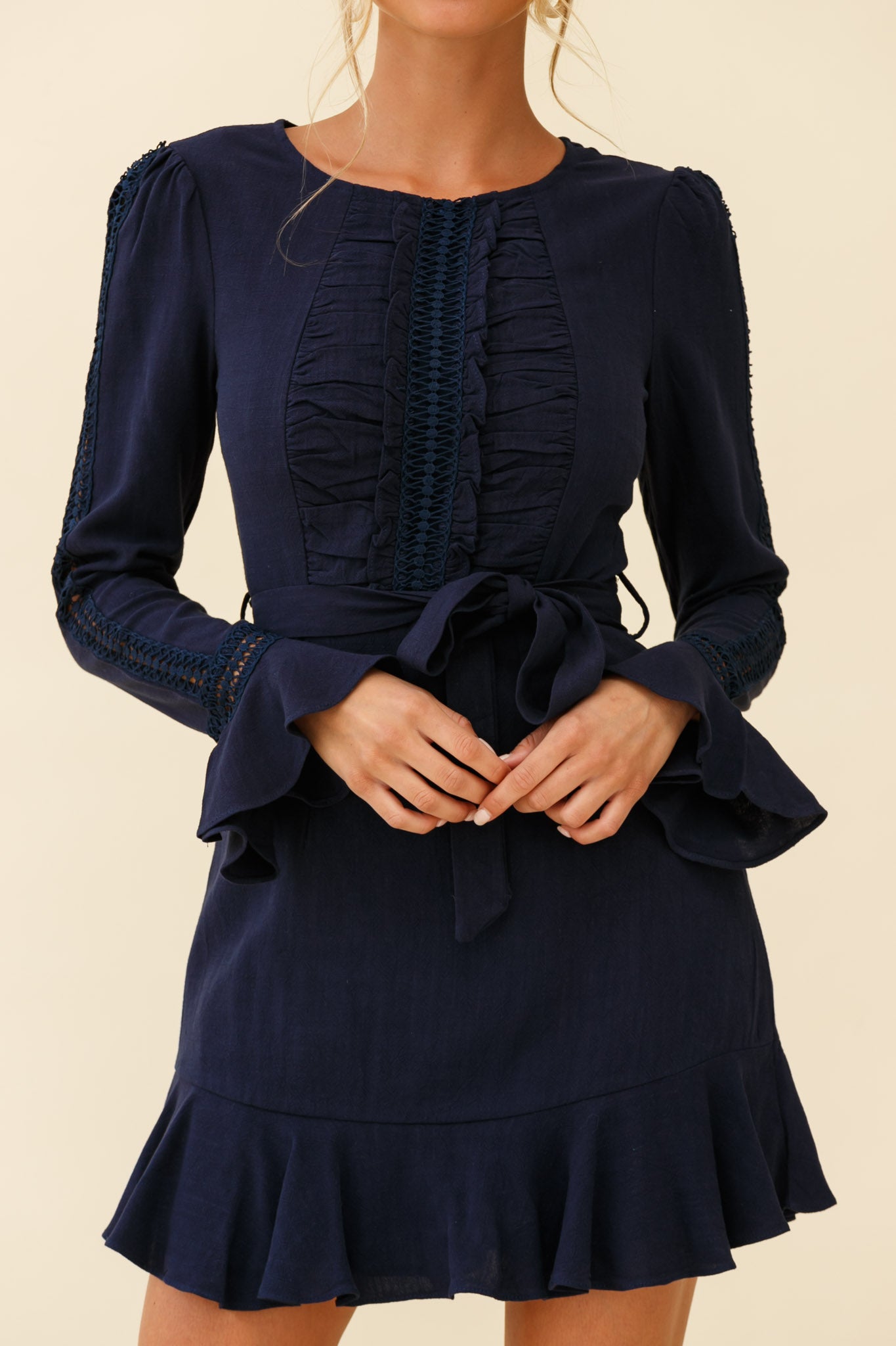 Gardenia Long Sleeve Frill & Crochet Trim Dress Navy-Maymioy