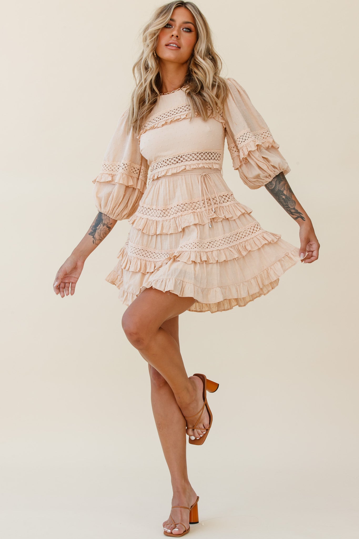Dream About It Puff Sleeve Frill Dress Nude-Maymioy