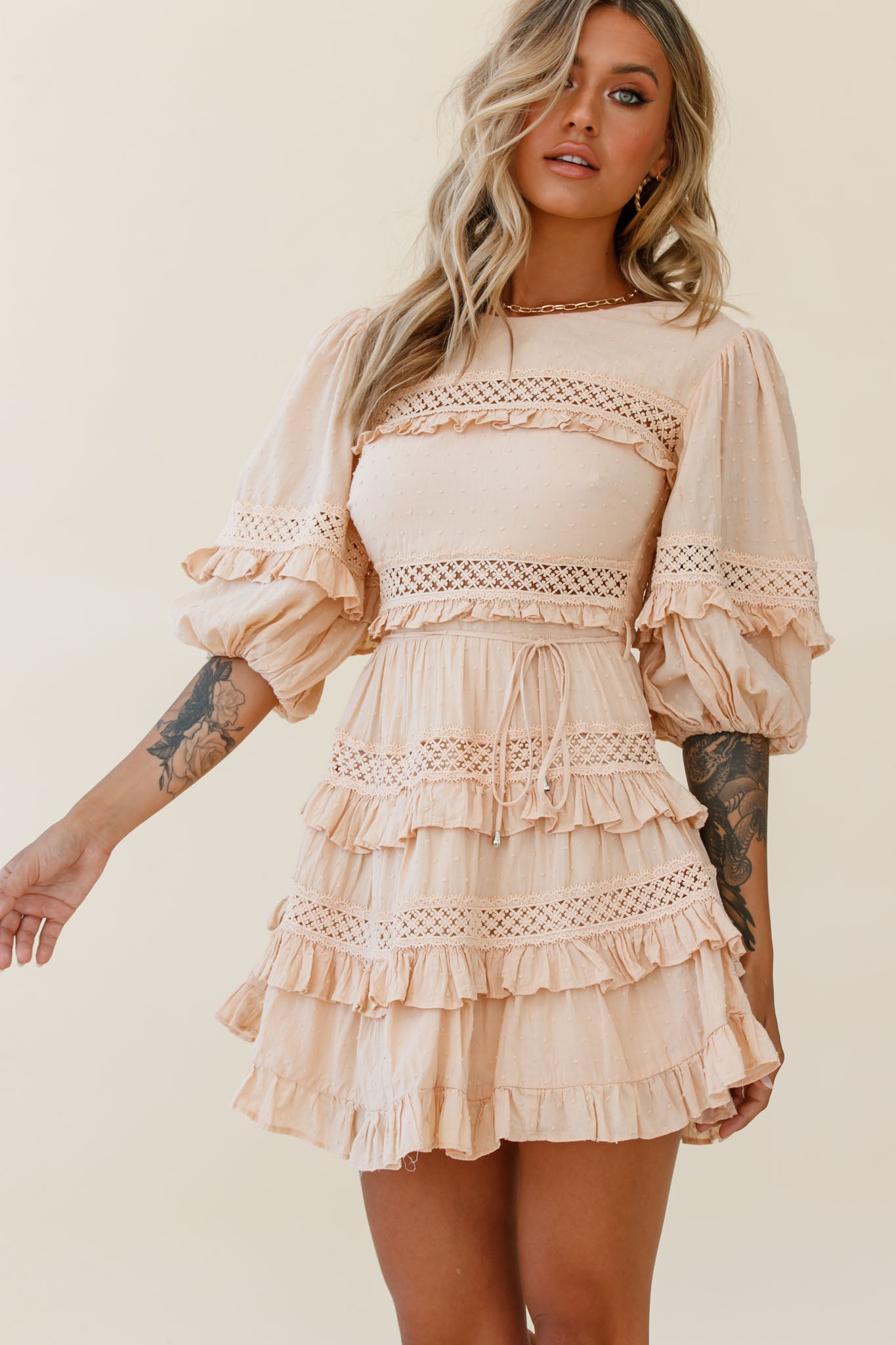 Dream About It Puff Sleeve Frill Dress Nude-Maymioy