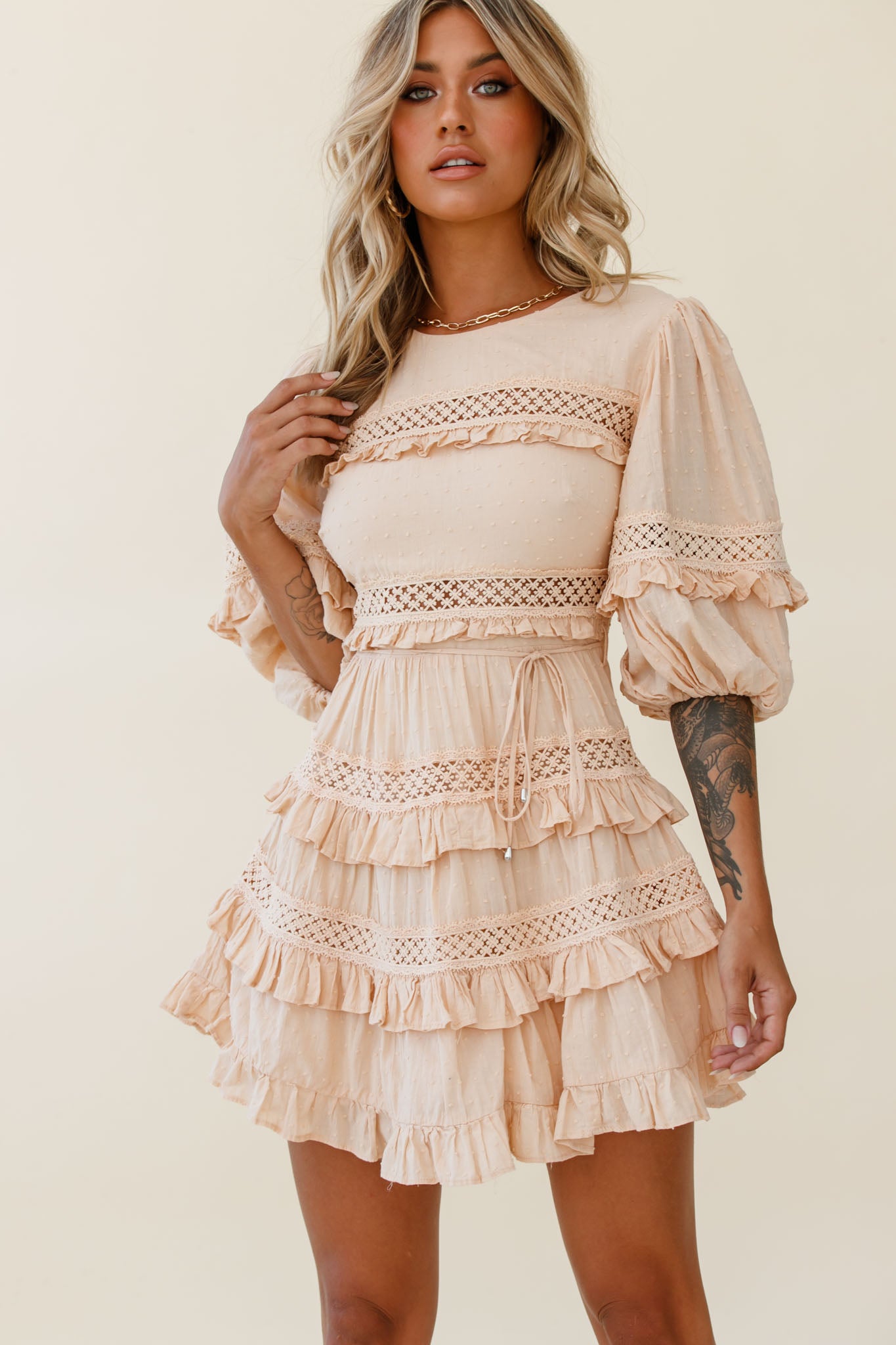 Dream About It Puff Sleeve Frill Dress Nude-Maymioy