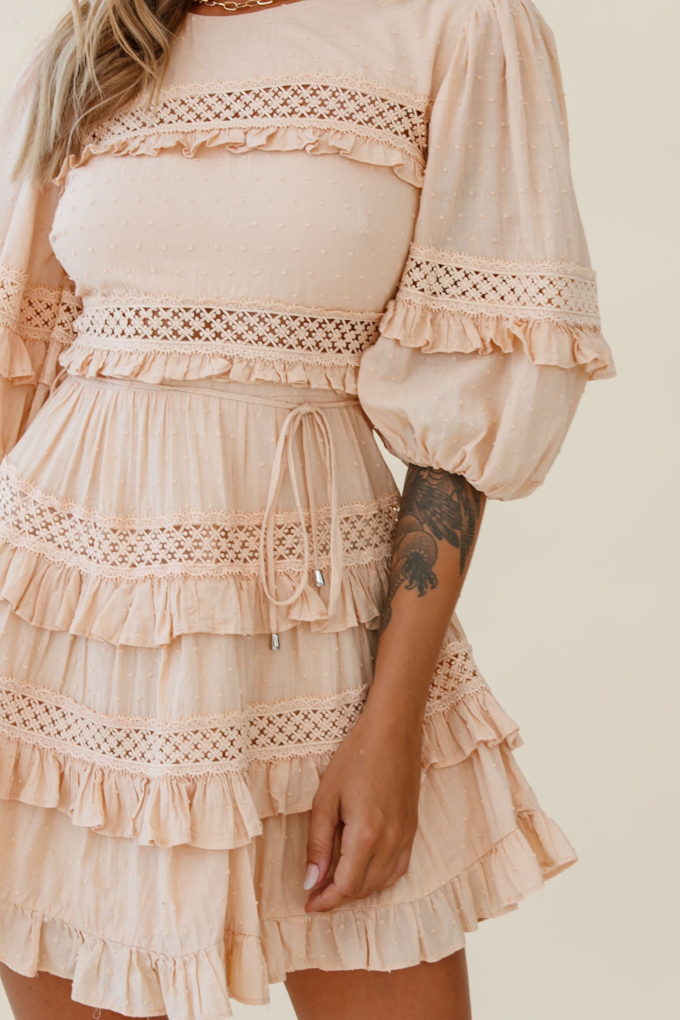Dream About It Puff Sleeve Frill Dress Nude-Maymioy