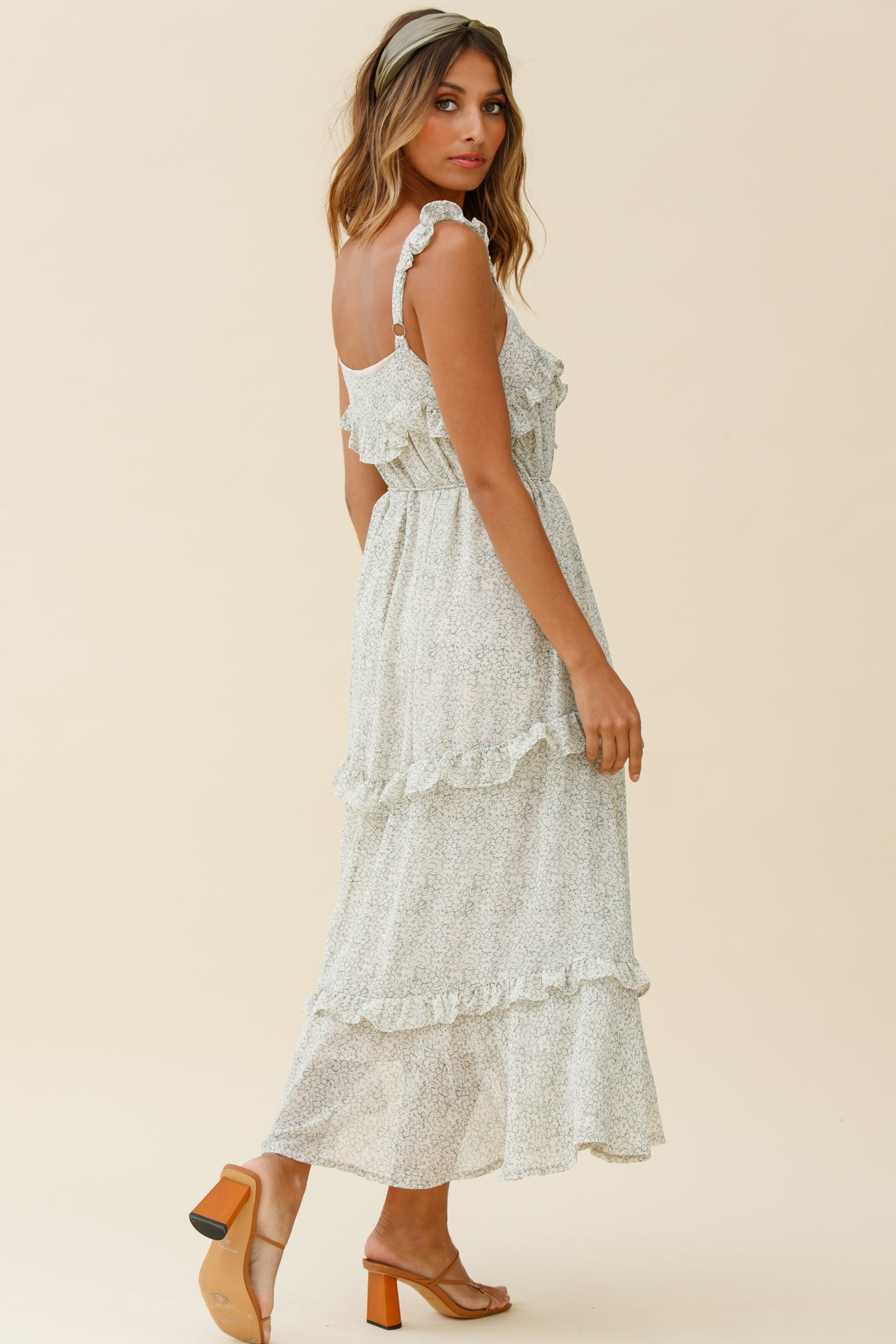 Priscilla Tied Bust Frill Detail Maxi Dress Floral Print Olive-Maymioy