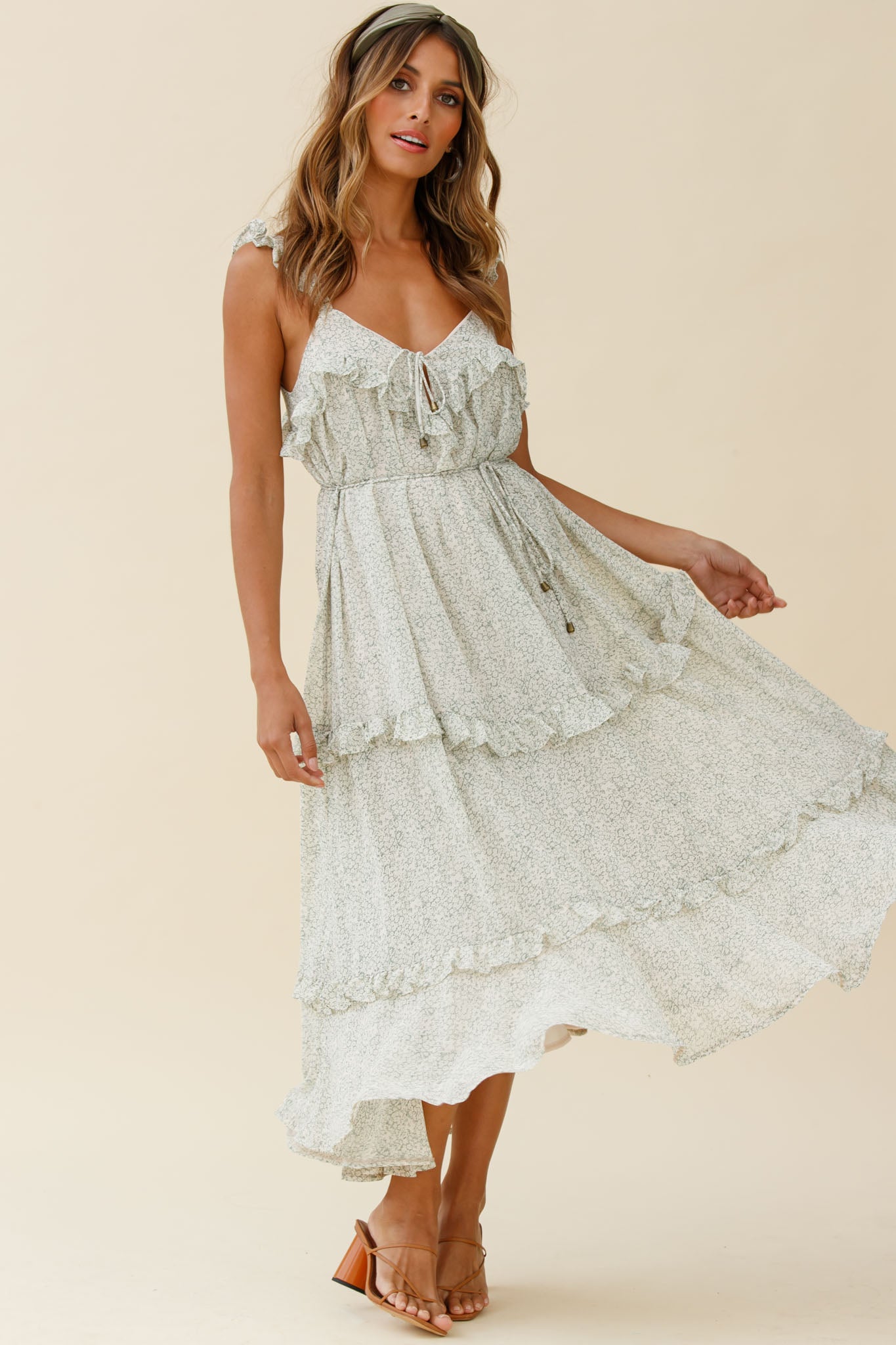 Priscilla Tied Bust Frill Detail Maxi Dress Floral Print Olive-Maymioy