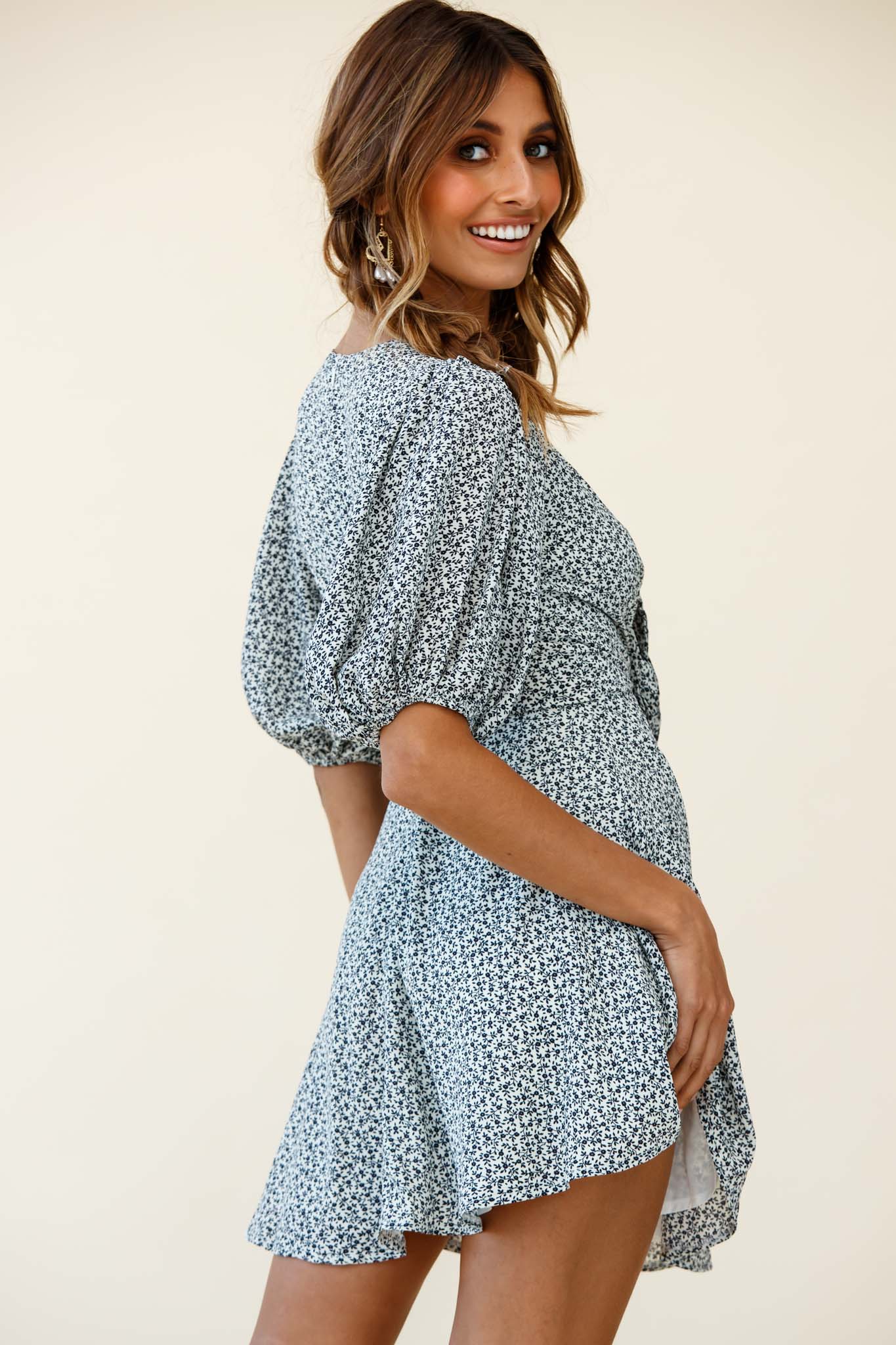 Portia Tied Bust Puff Sleeve Dress Floral Print White-Maymioy