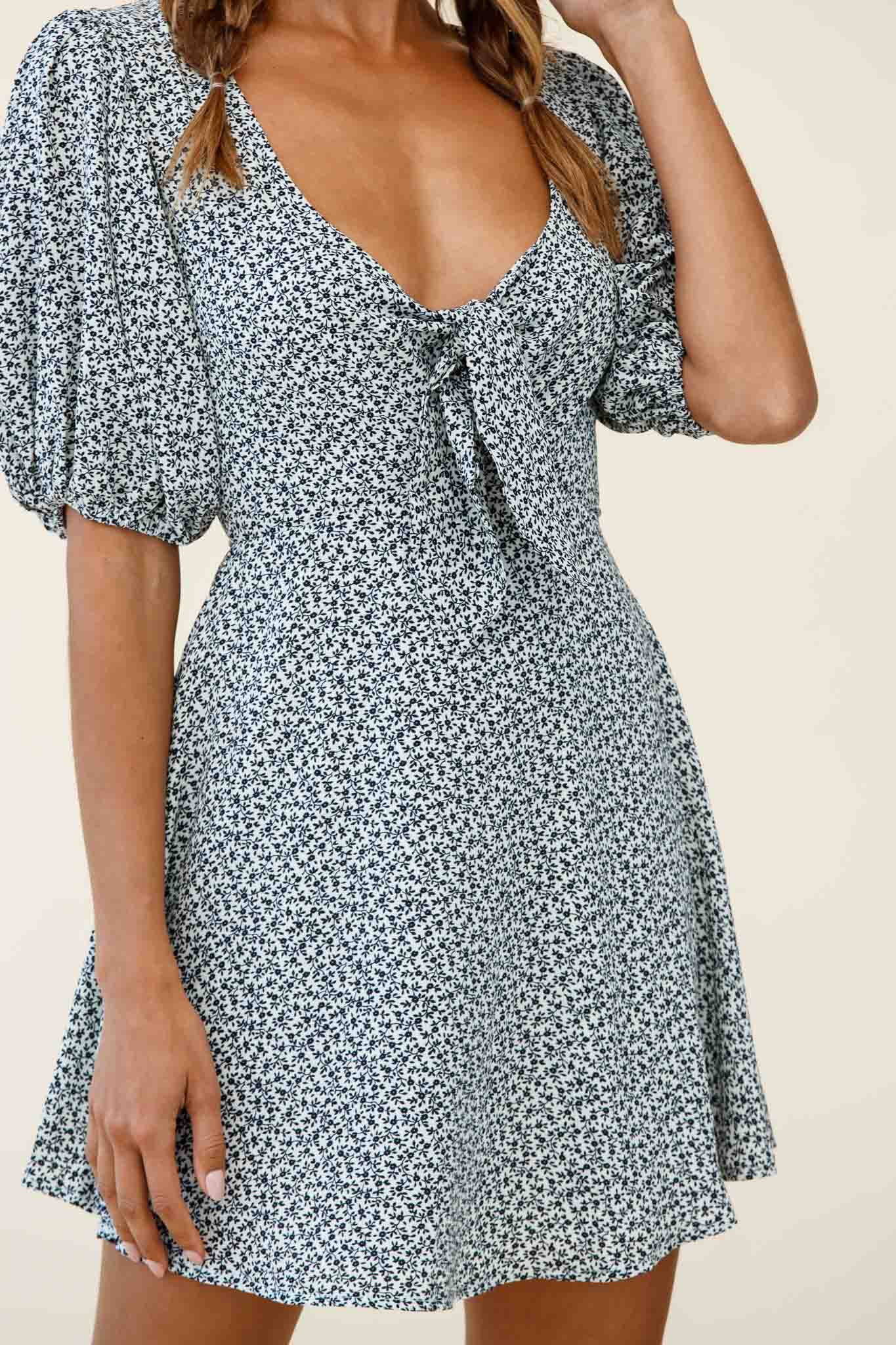 Portia Tied Bust Puff Sleeve Dress Floral Print White-Maymioy