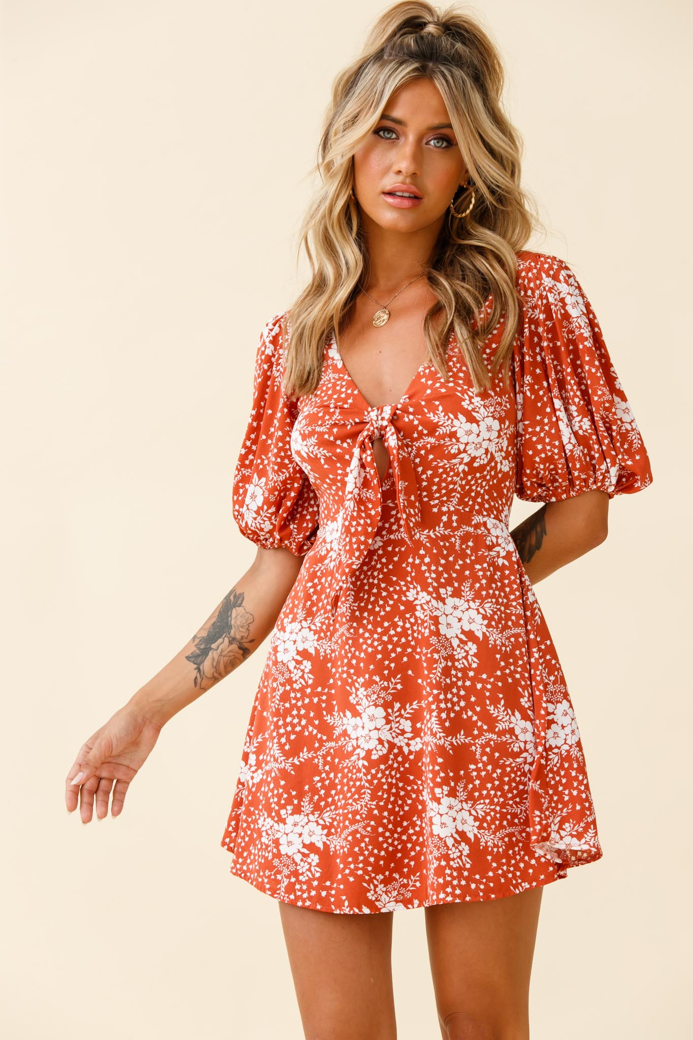 Portia Tied Bust Puff Sleeve Dress Flower Pattern Rust-Maymioy