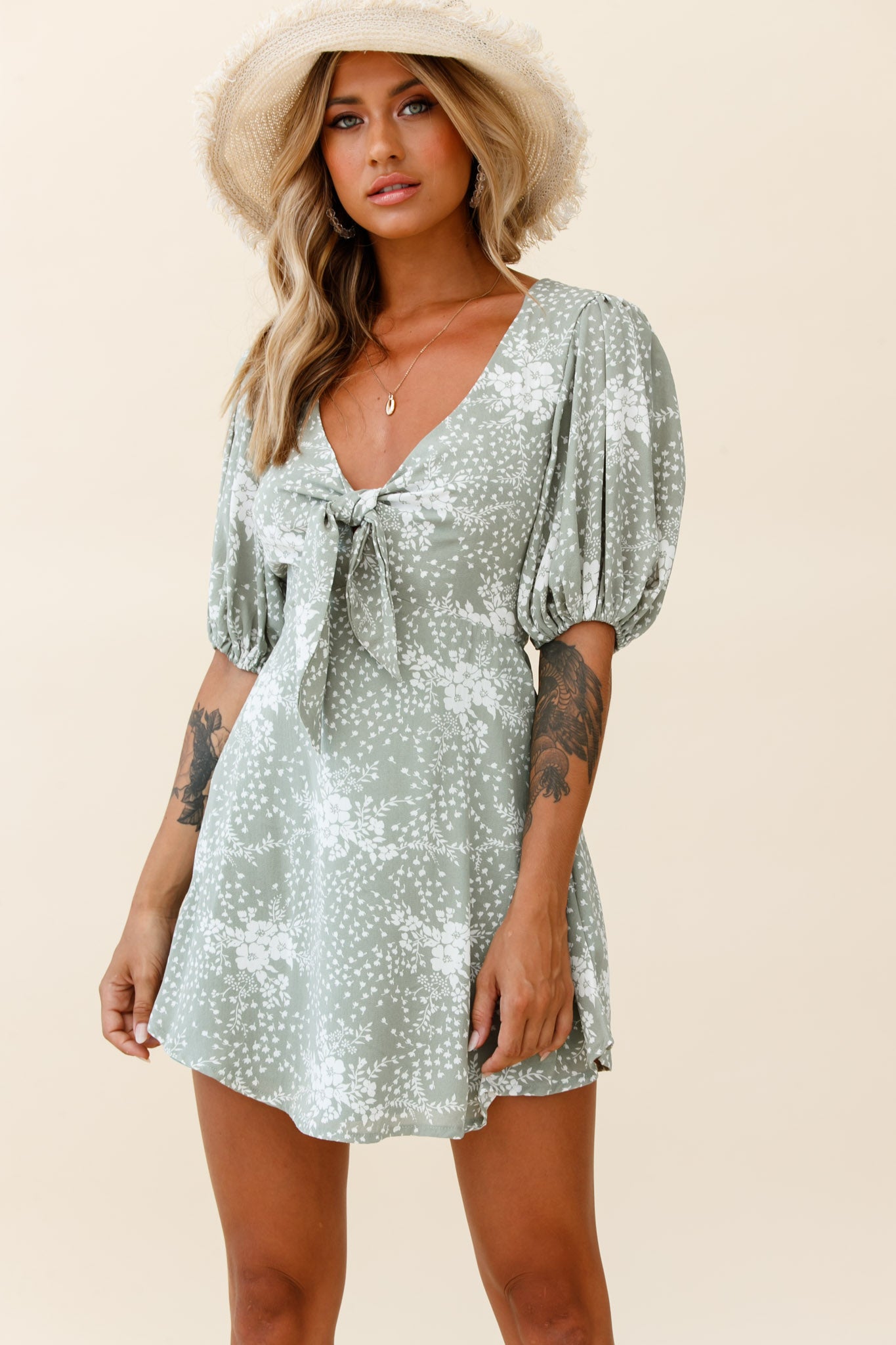 Portia Tied Bust Puff Sleeve Dress Flower Pattern Sage-Maymioy