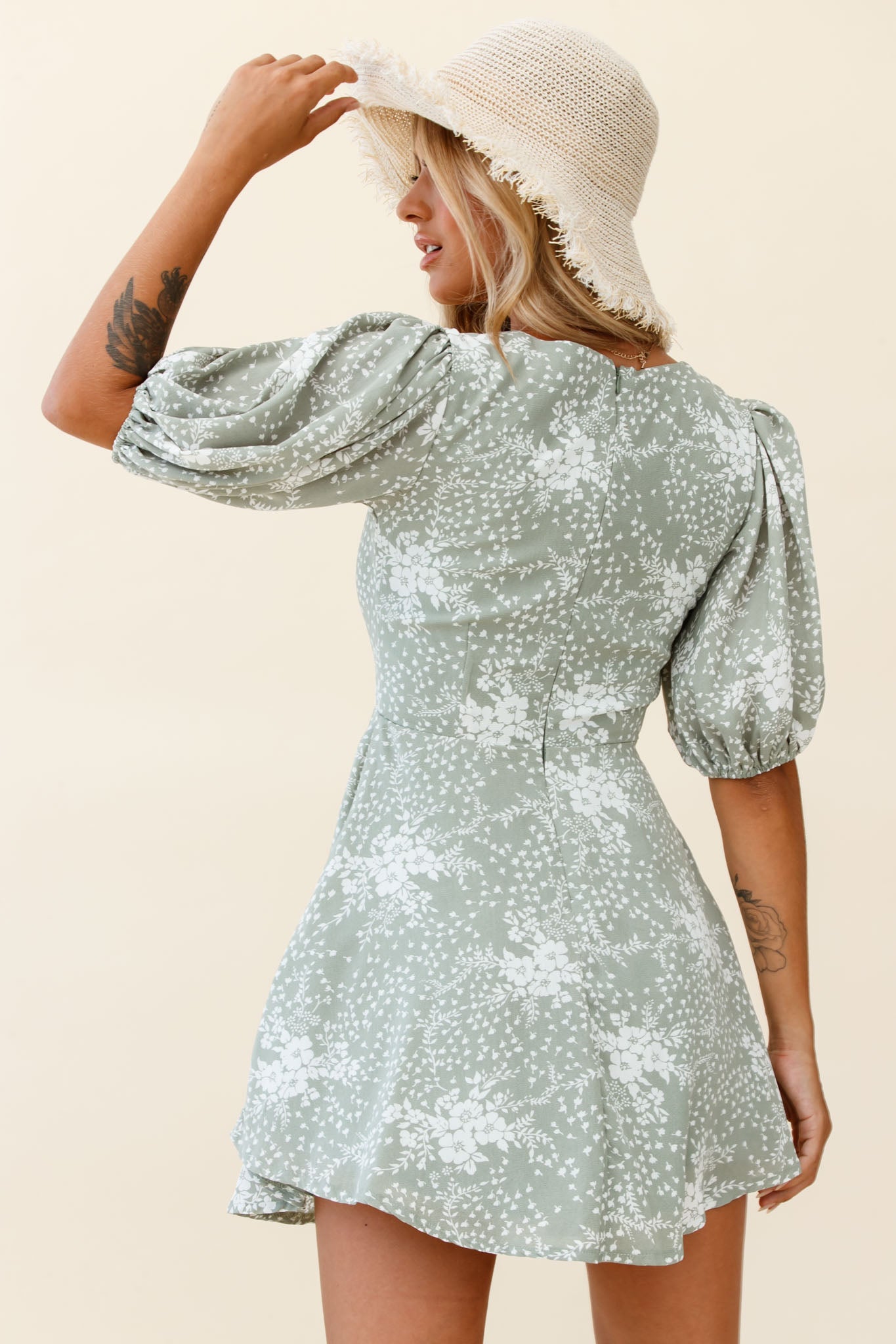 Portia Tied Bust Puff Sleeve Dress Flower Pattern Sage-Maymioy