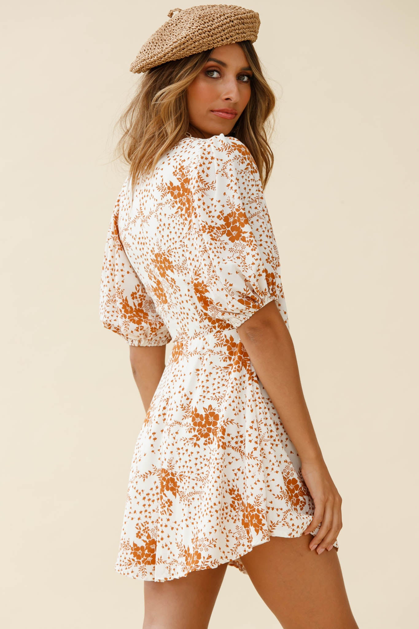Portia Tied Bust Puff Sleeve Dress Flower Pattern Tan-Maymioy