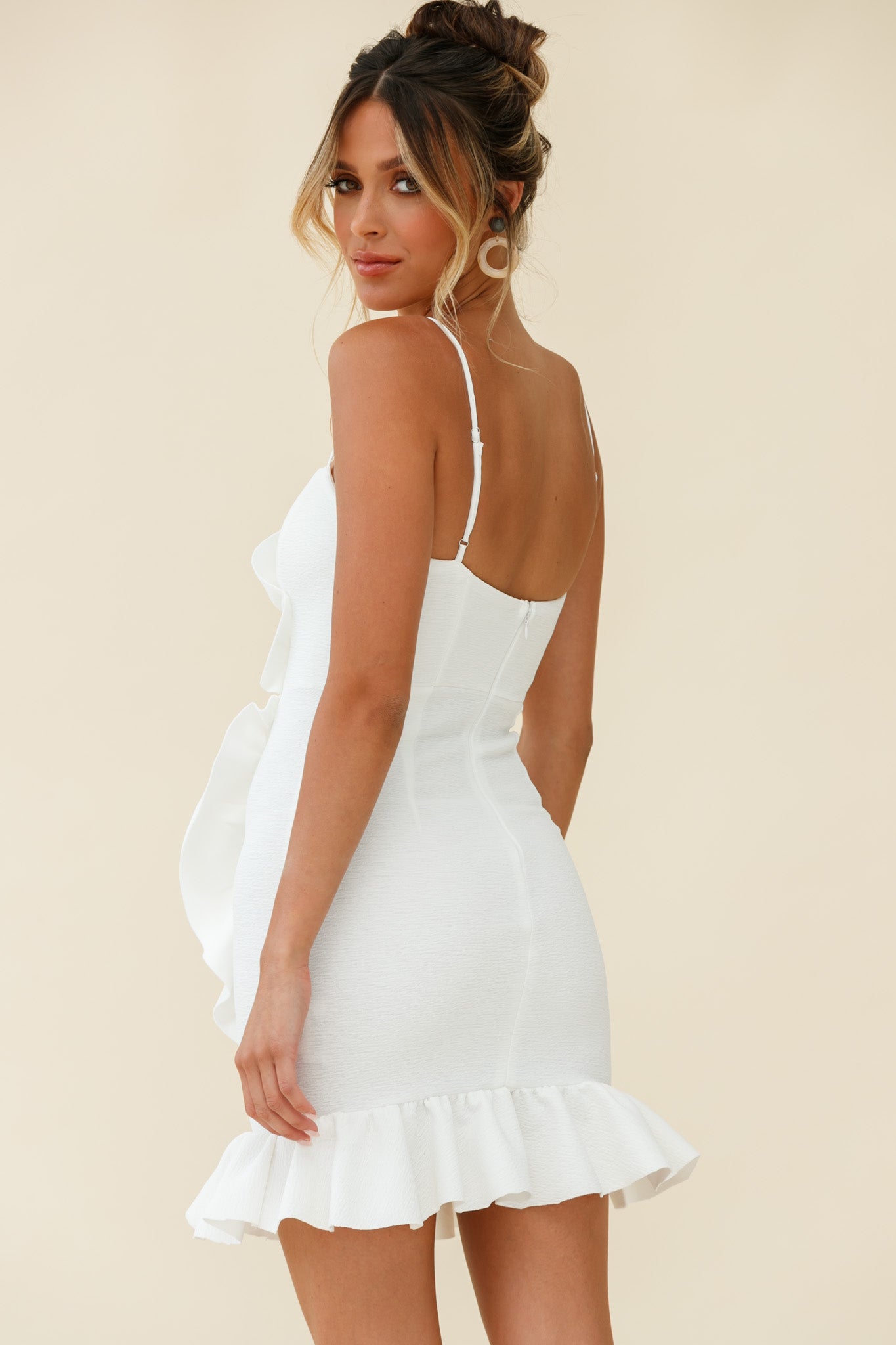 Juanita Half Moon Ruffle Detail Bodycon Dress White-Maymioy