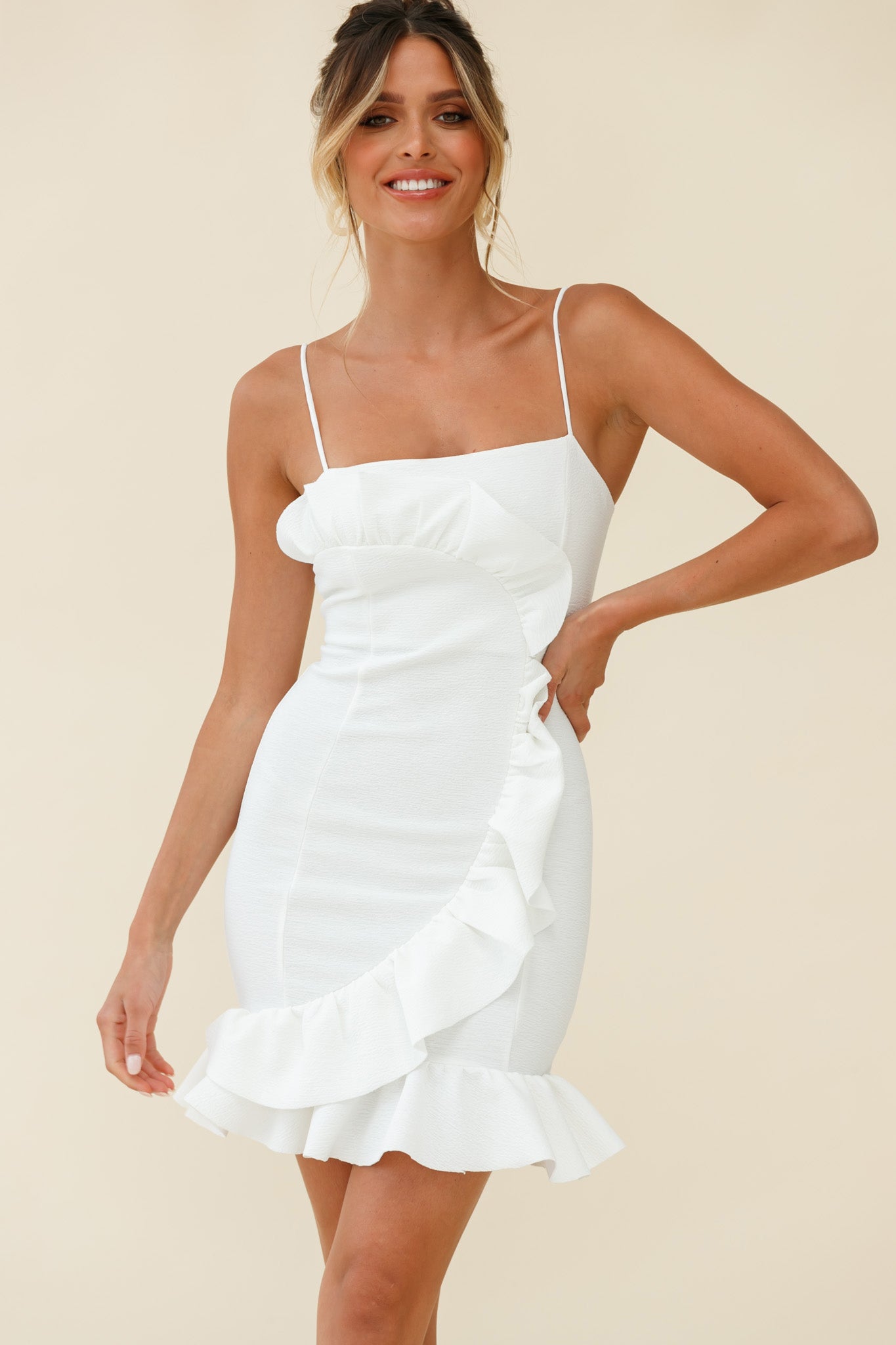 Juanita Half Moon Ruffle Detail Bodycon Dress White-Maymioy