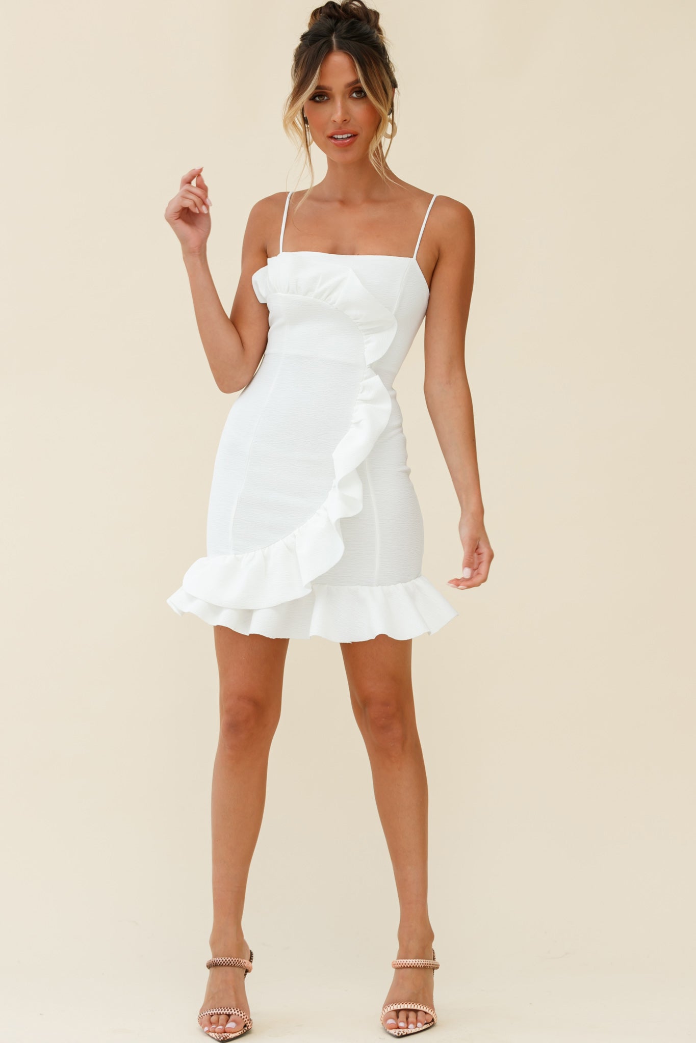 Juanita Half Moon Ruffle Detail Bodycon Dress White-Maymioy
