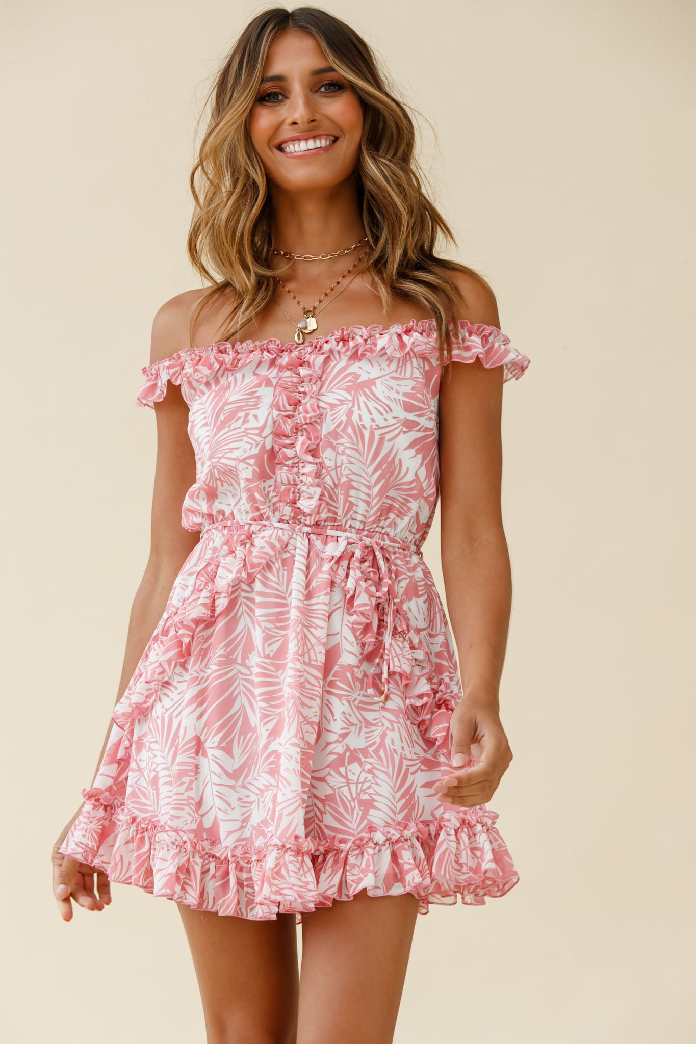 Sail Away Off-Shoulder Frill Accent Dress Tropical Print Pink-Maymioy
