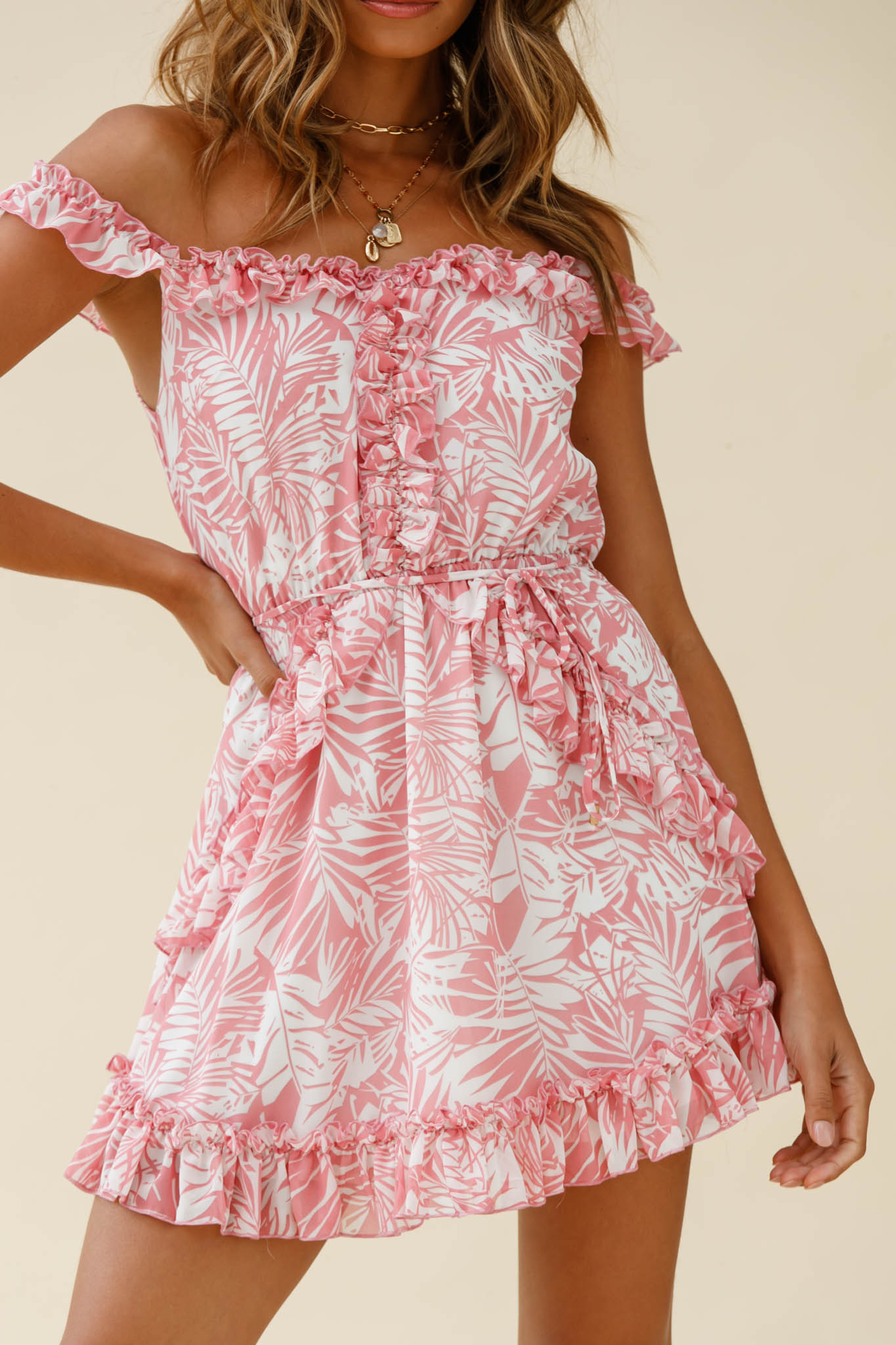 Sail Away Off-Shoulder Frill Accent Dress Tropical Print Pink-Maymioy