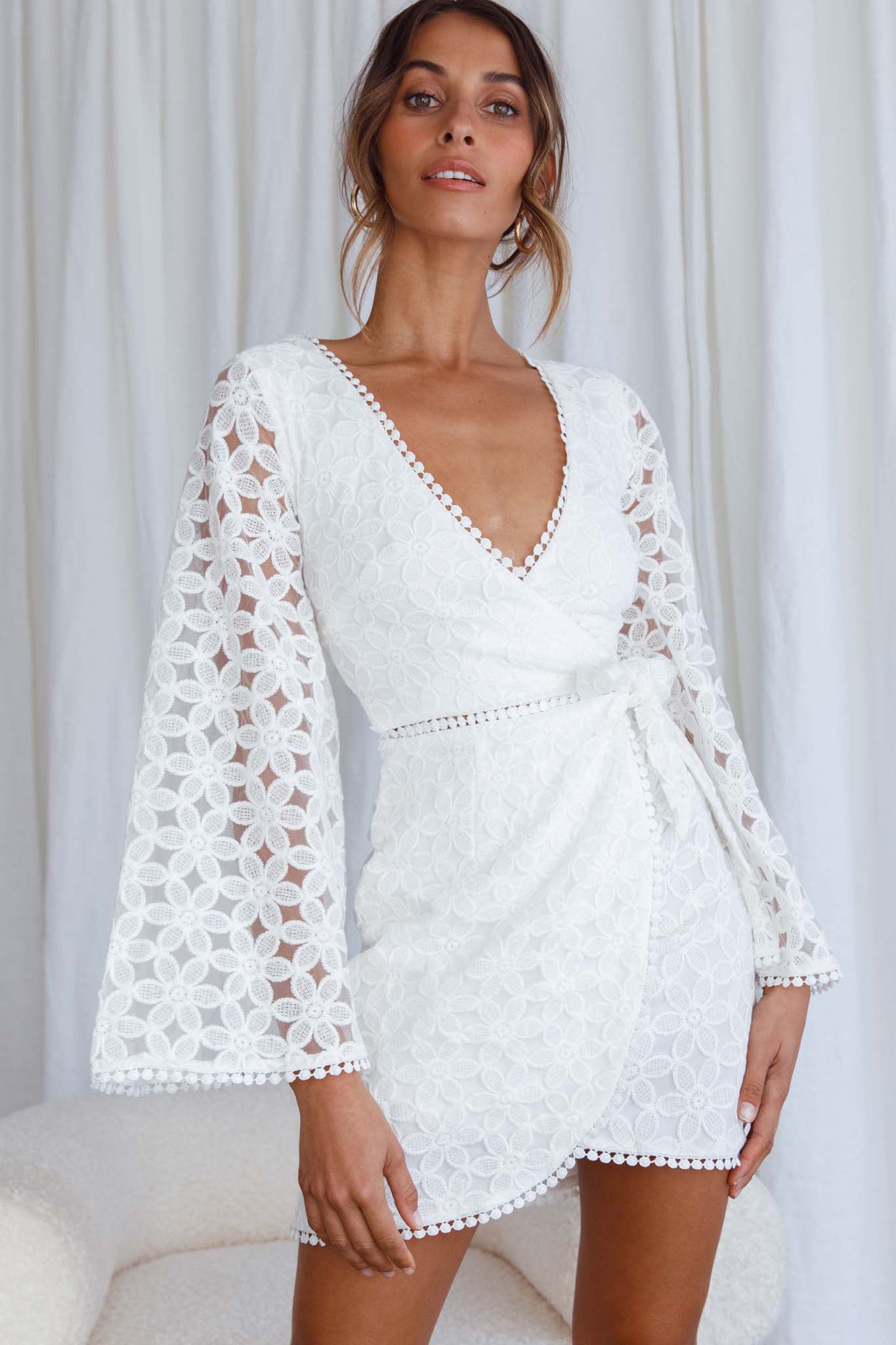 Santa Cruz Bell Sleeve Embroidered Wrap Mini Dress White-Maymioy
