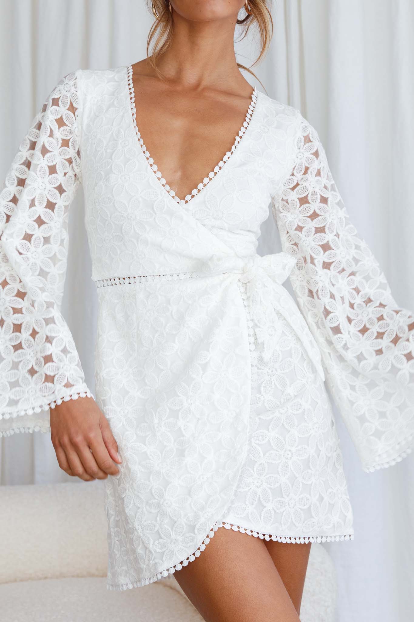 Santa Cruz Bell Sleeve Embroidered Wrap Mini Dress White-Maymioy