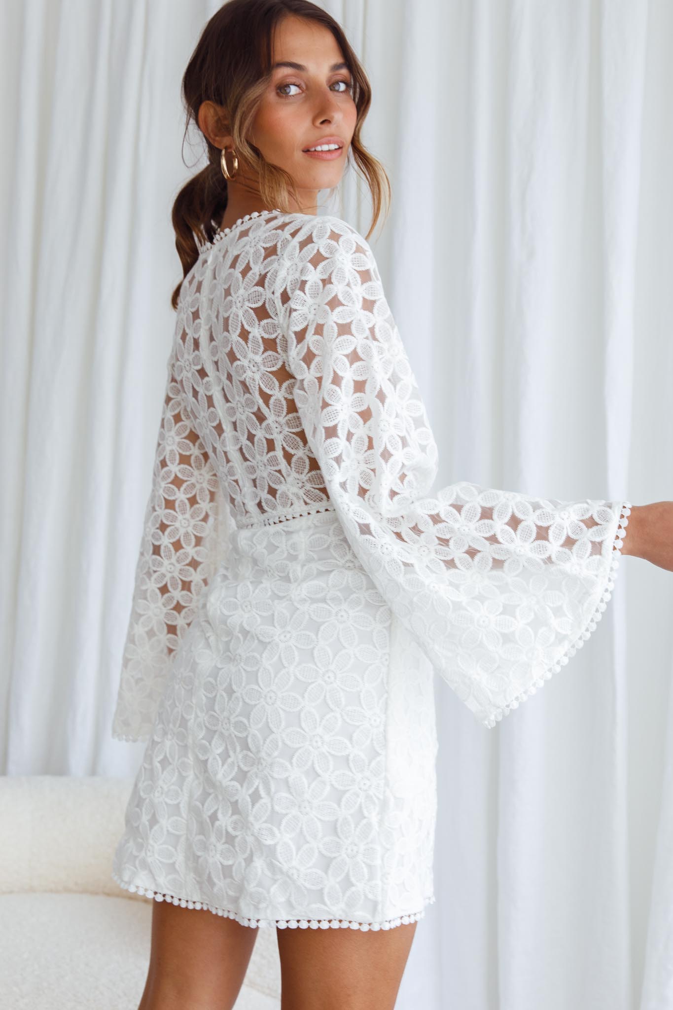 Santa Cruz Bell Sleeve Embroidered Wrap Mini Dress White-Maymioy