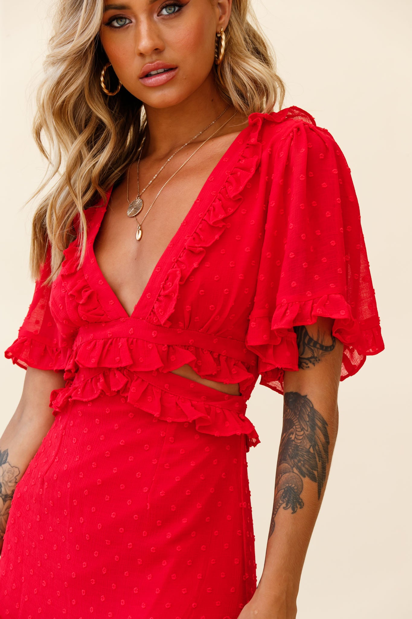 My Belle Cut-Out Detail Frill Accent Dress Red-Maymioy