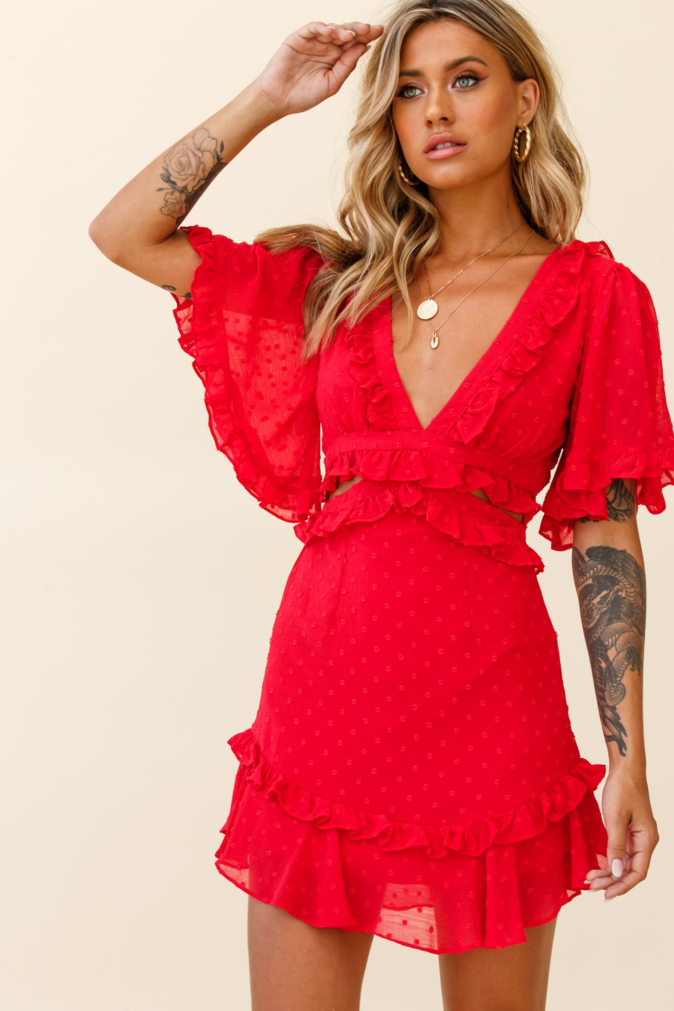 My Belle Cut-Out Detail Frill Accent Dress Red-Maymioy