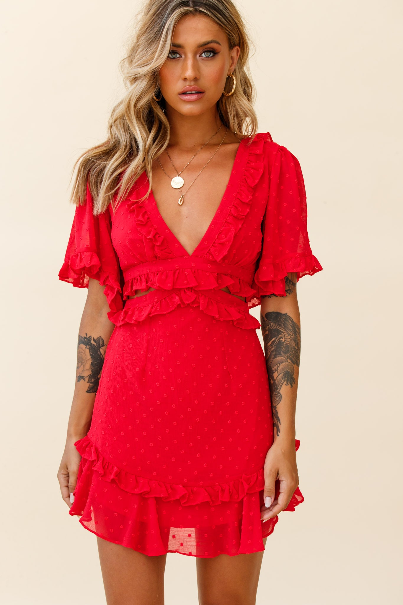 My Belle Cut-Out Detail Frill Accent Dress Red-Maymioy
