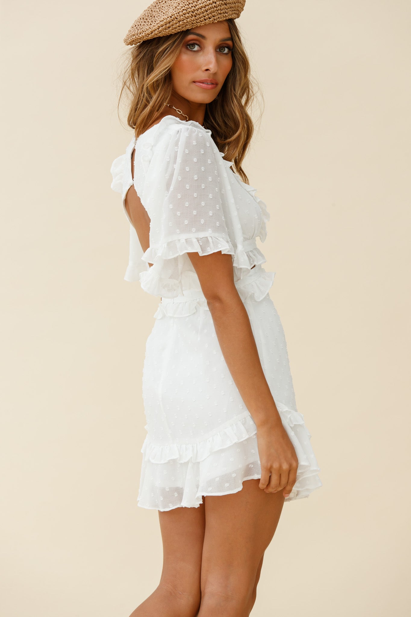 My Belle Cut-Out Detail Frill Accent Dress Spotty White-Maymioy