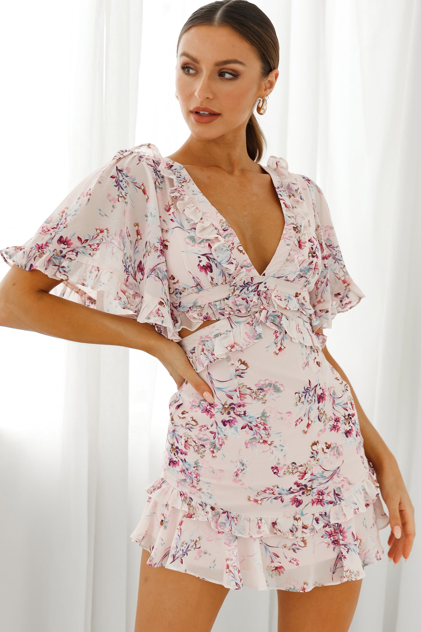 My Belle Cut-Out Detail Frill Accent Dress Floral Print Pink-Maymioy