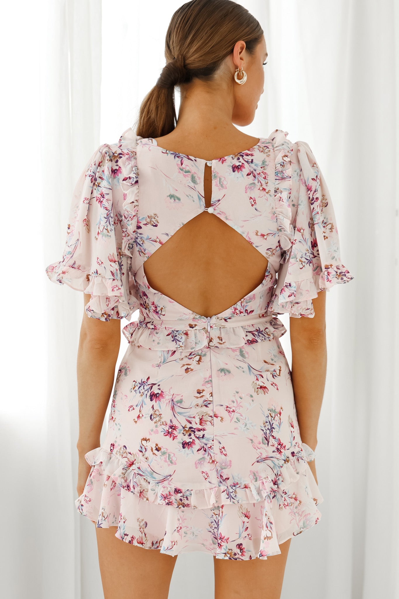 My Belle Cut-Out Detail Frill Accent Dress Floral Print Pink-Maymioy