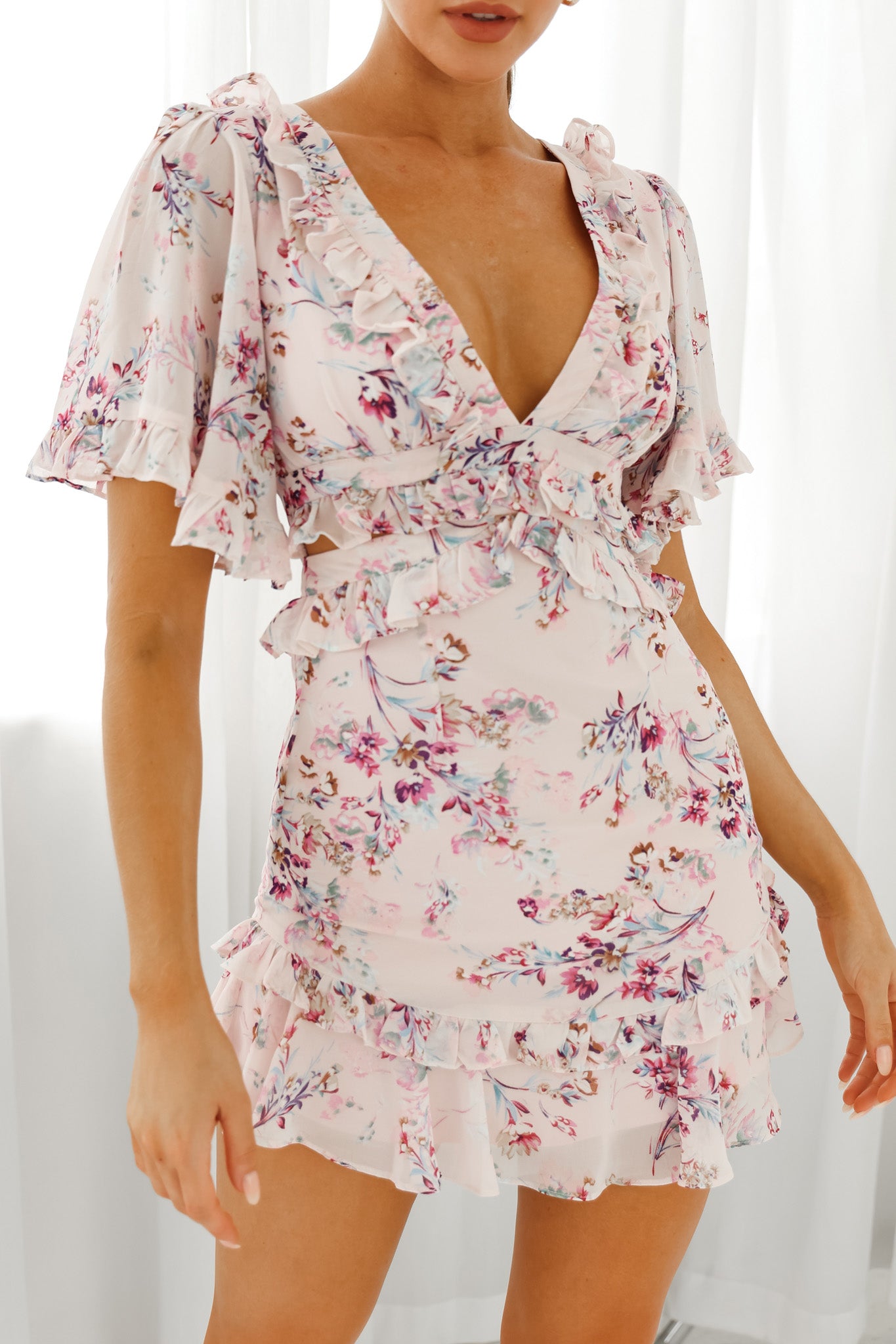 My Belle Cut-Out Detail Frill Accent Dress Floral Print Pink-Maymioy