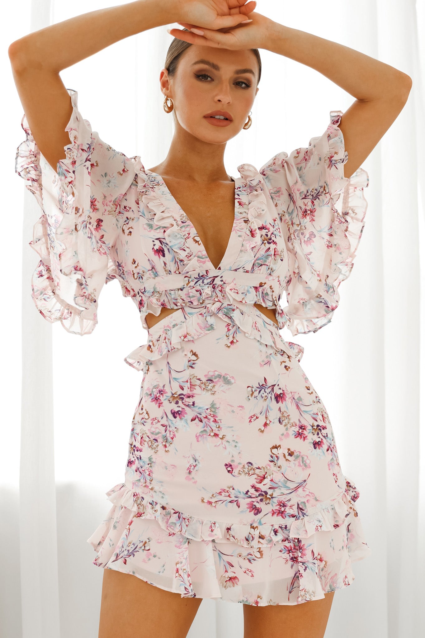 My Belle Cut-Out Detail Frill Accent Dress Floral Print Pink-Maymioy