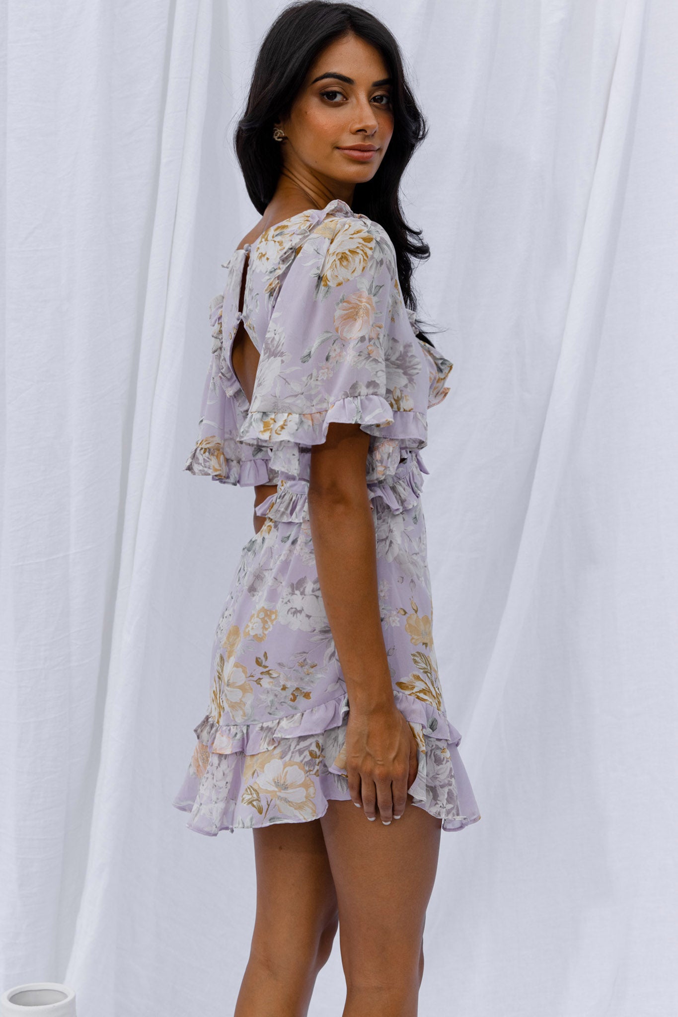 My Belle Cut-Out Detail Frill Accent Dress Vintage Floral Print Lilac-Maymioy
