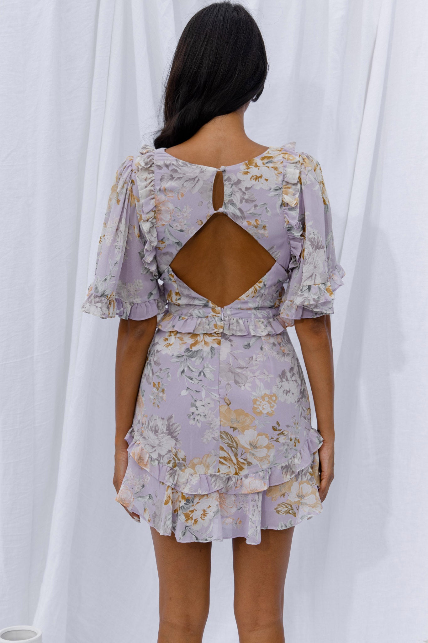 My Belle Cut-Out Detail Frill Accent Dress Vintage Floral Print Lilac-Maymioy