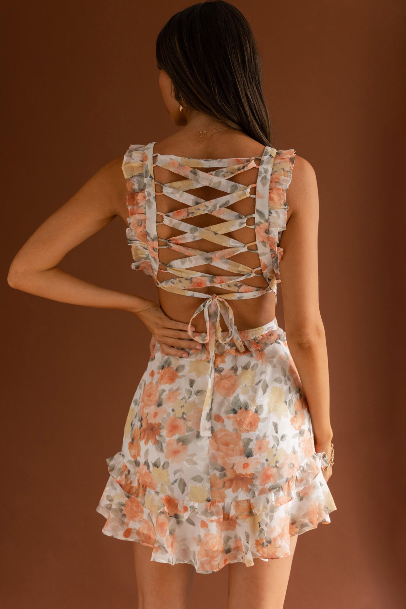 My Belle V-Neckline Lace-Up Back Frill Dress Floral Orange-Maymioy