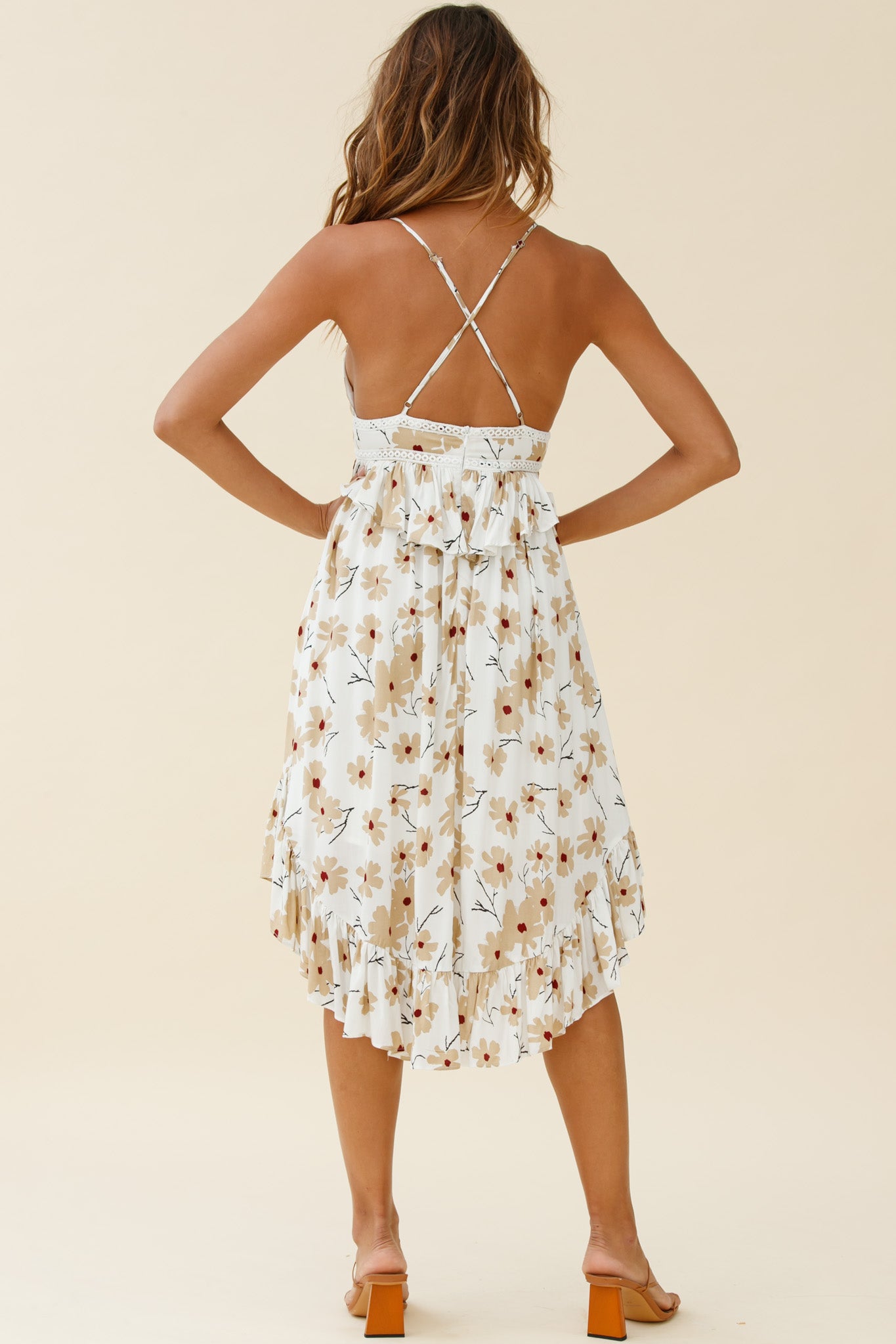 Marigold Peplum Midi Ruffle Dress Floral Print White-Maymioy