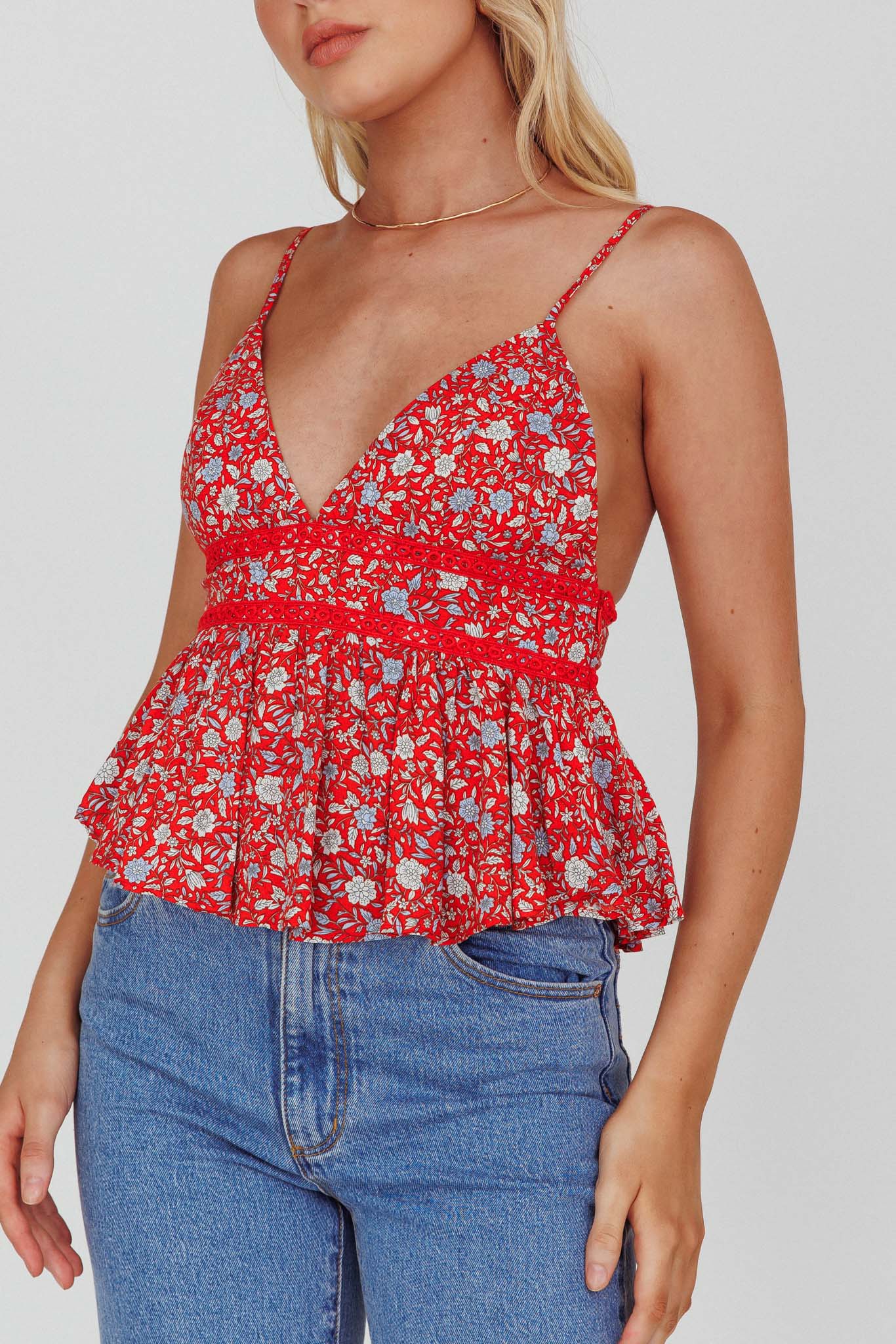Marigold Crochet Trim Top Floral Red-Maymioy