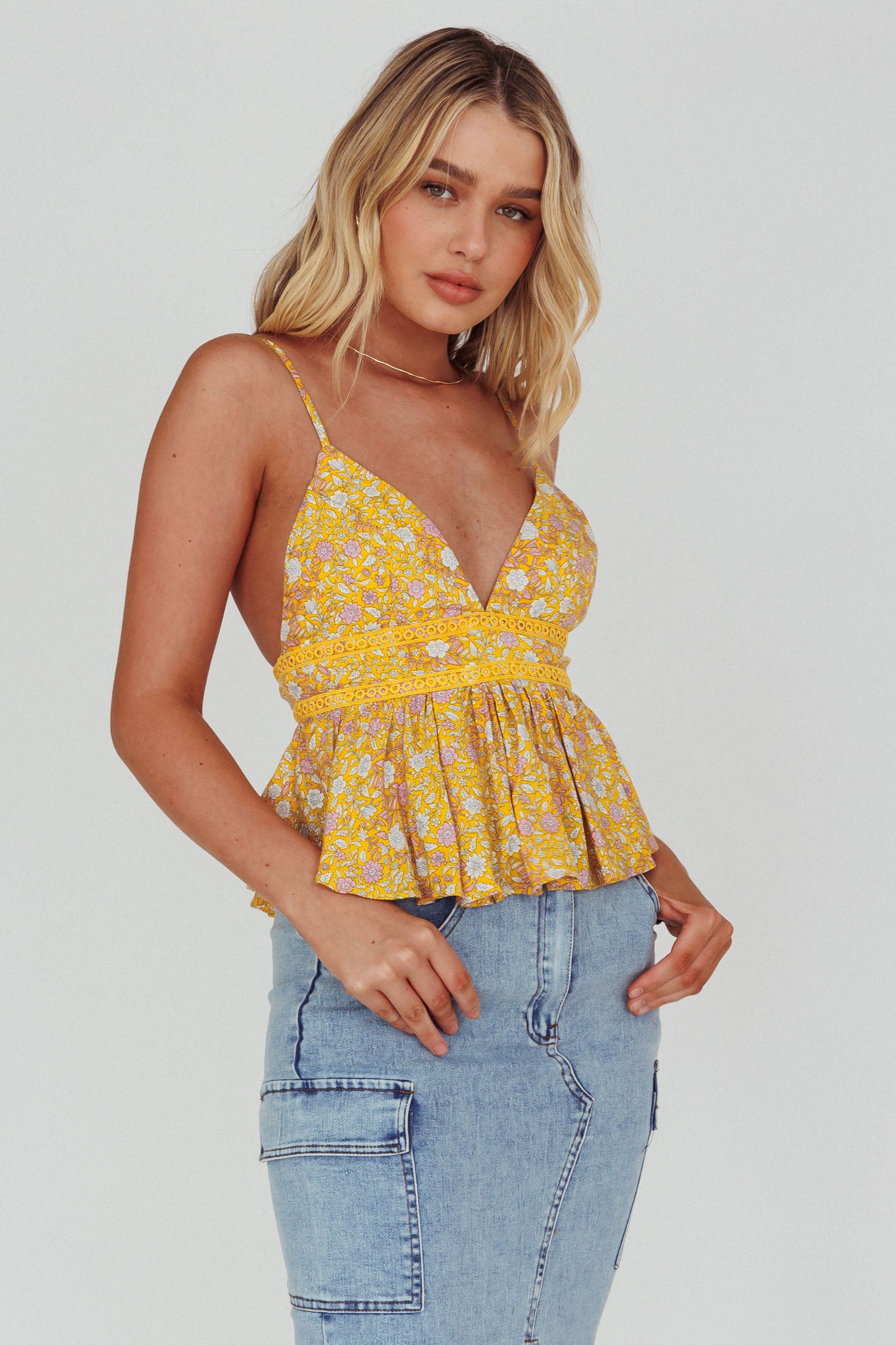 Marigold Crochet Trim Top Floral Yellow-Maymioy