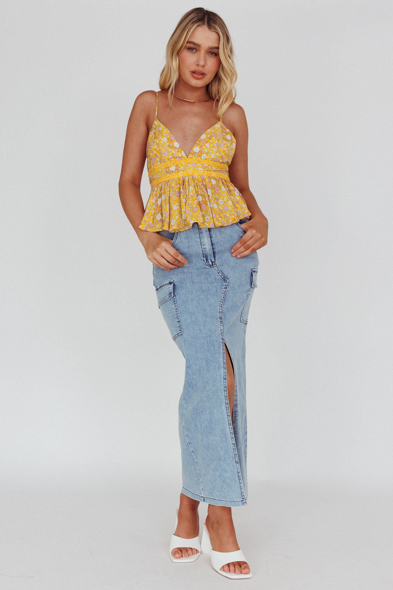 Marigold Crochet Trim Top Floral Yellow-Maymioy