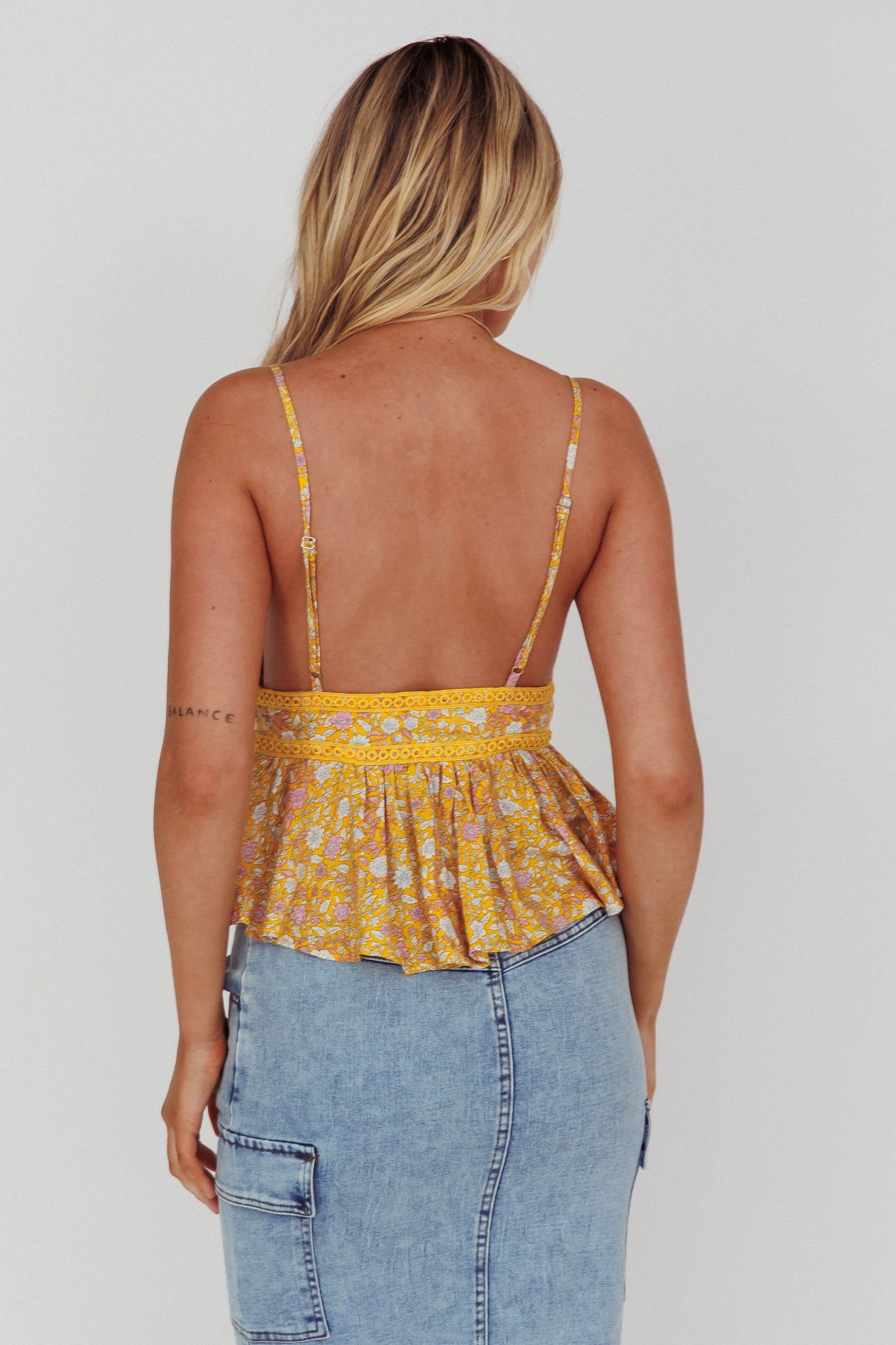 Marigold Crochet Trim Top Floral Yellow-Maymioy