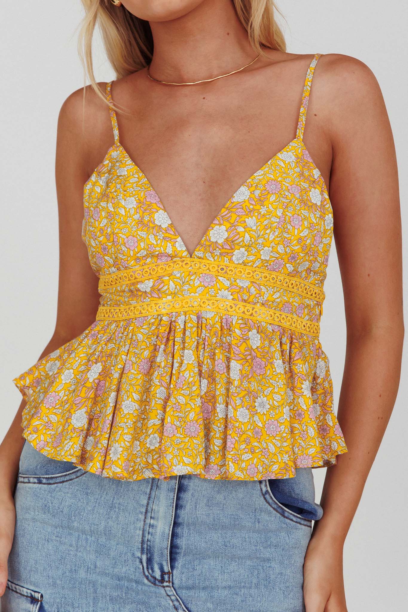 Marigold Crochet Trim Top Floral Yellow-Maymioy