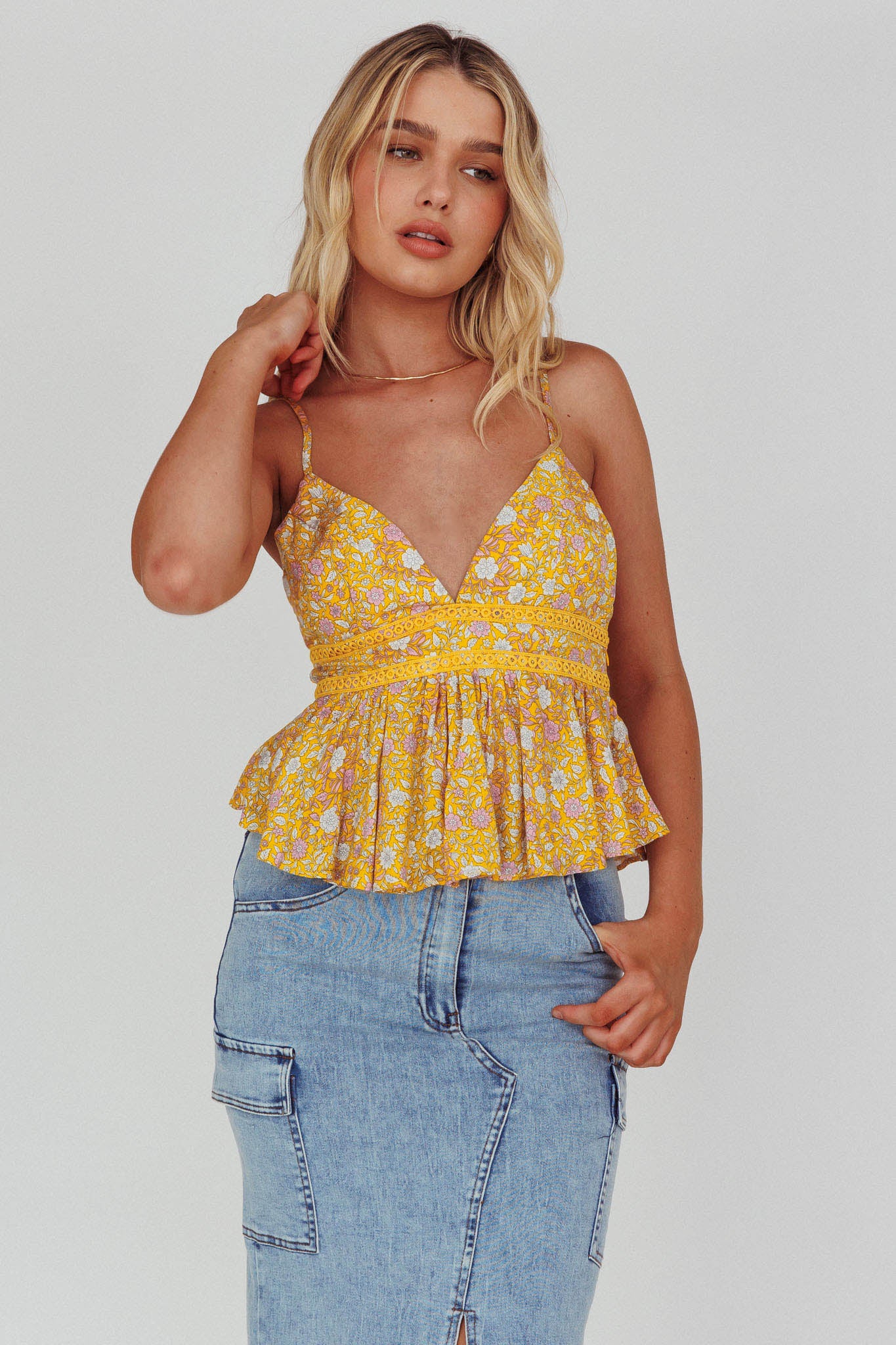 Marigold Crochet Trim Top Floral Yellow-Maymioy